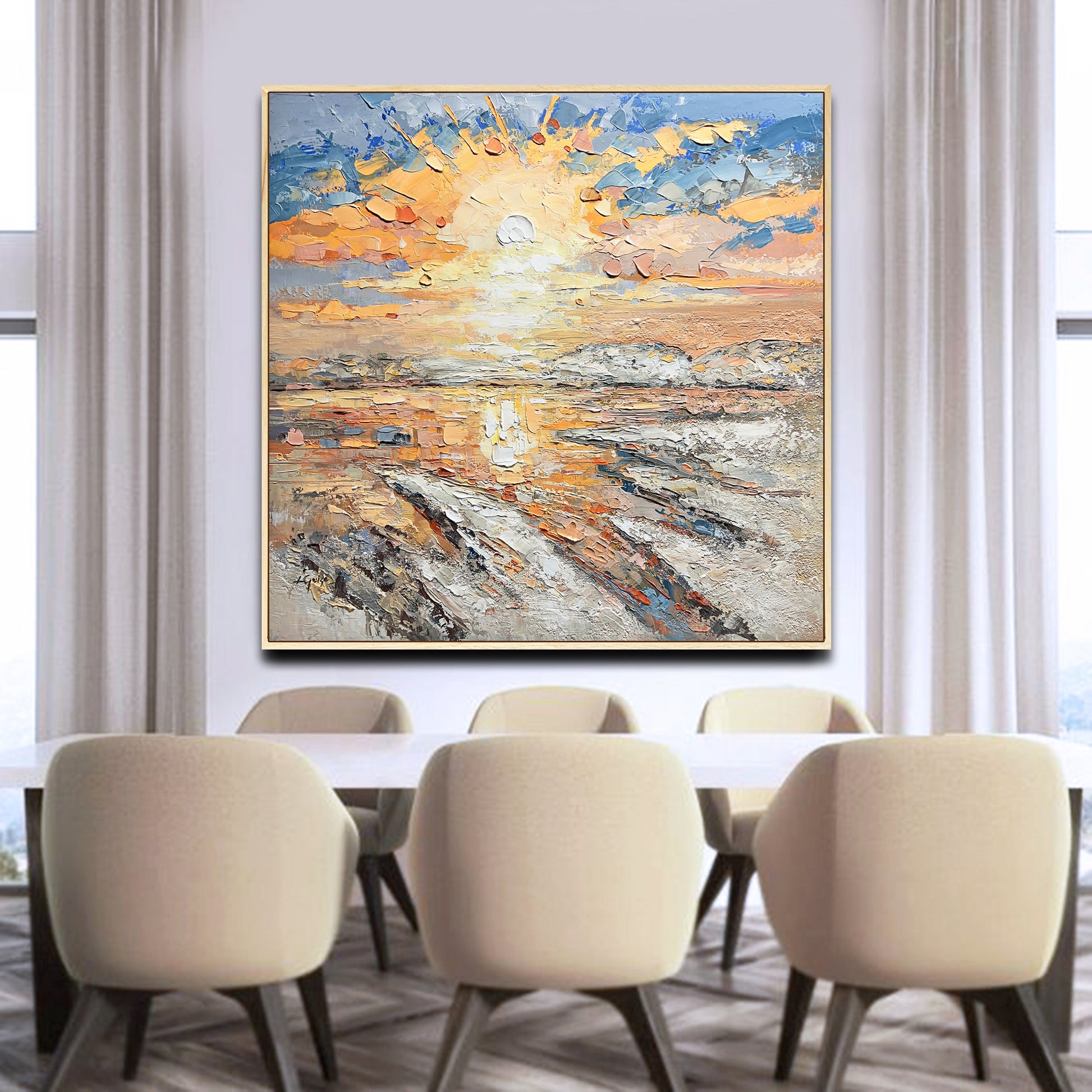 a dining room with a large painting on the wall