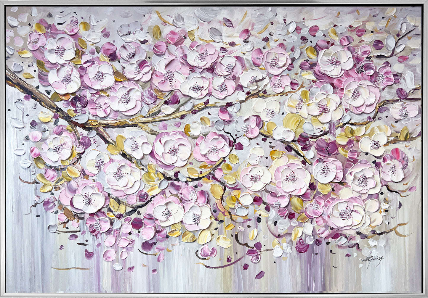 a painting of pink flowers on a white background