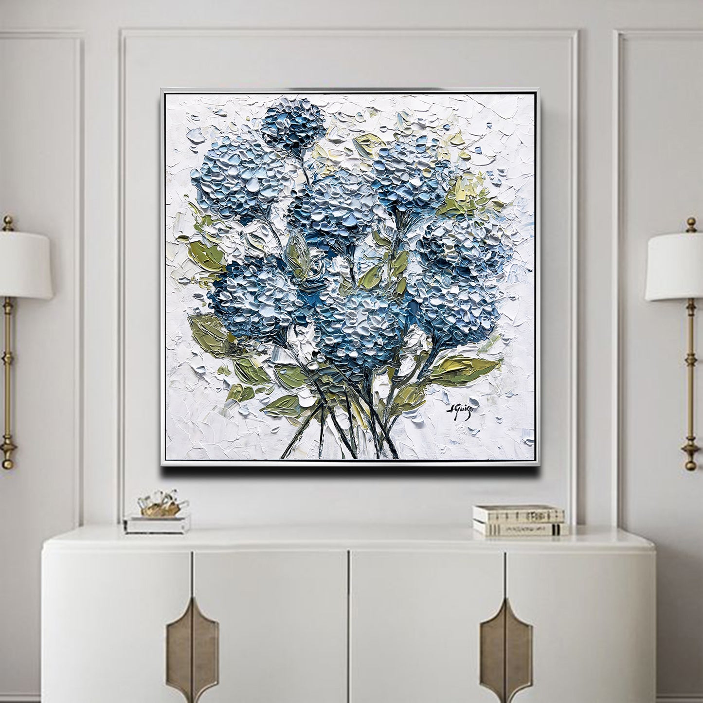 a painting of blue flowers on a white wall