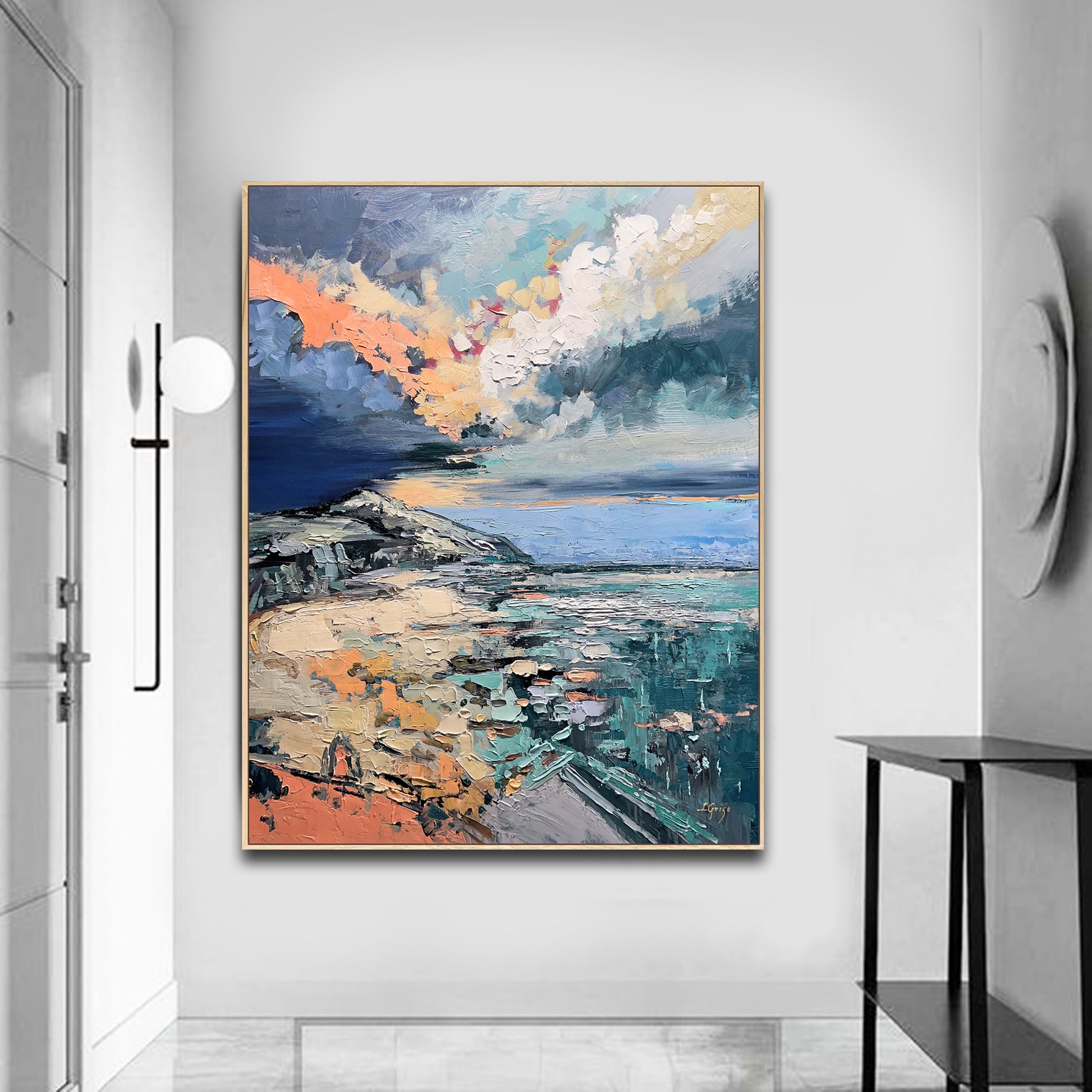 a painting hanging on the wall of a room