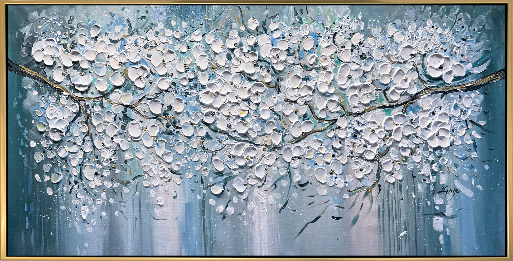 a painting of white flowers on a blue background