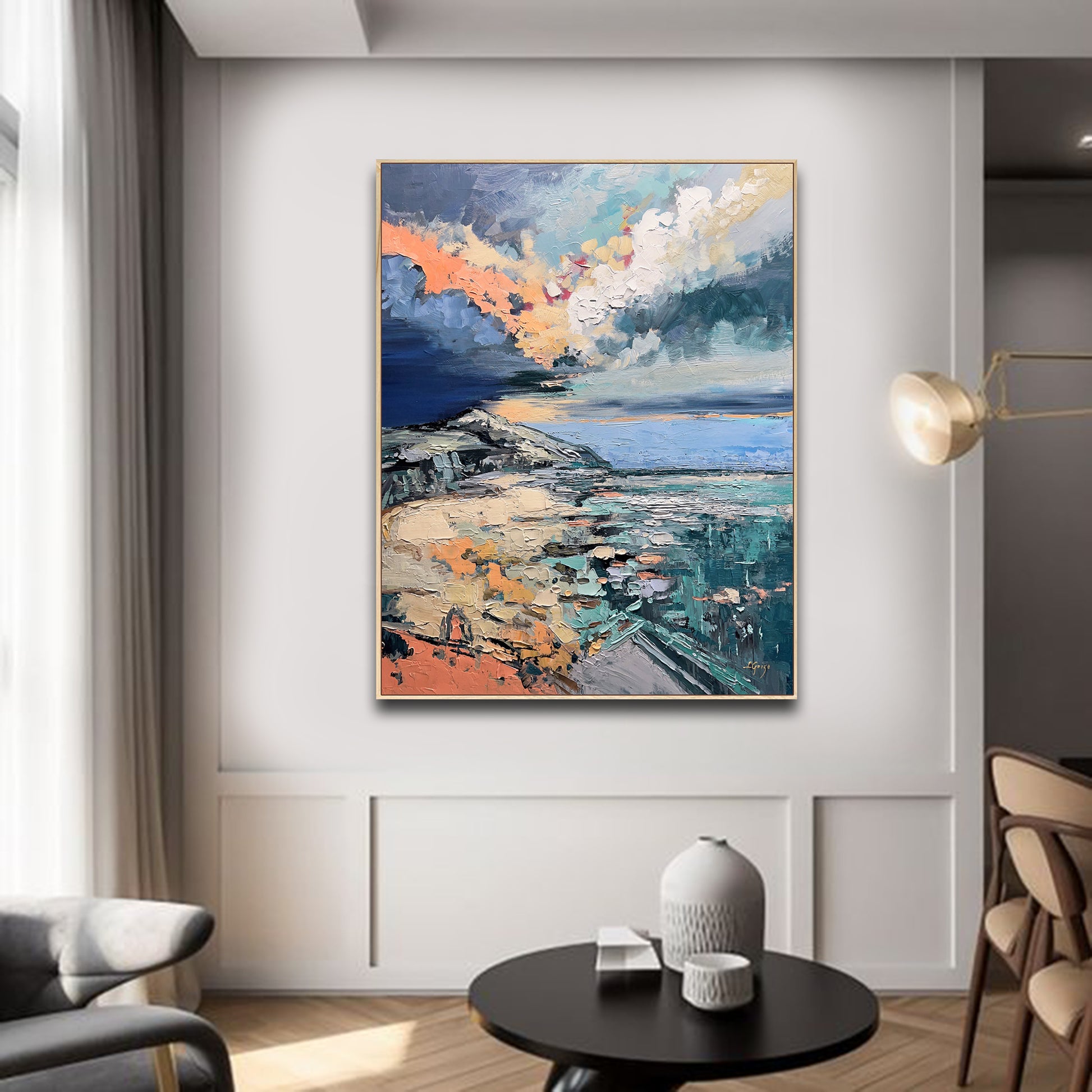 a painting hanging on the wall of a living room