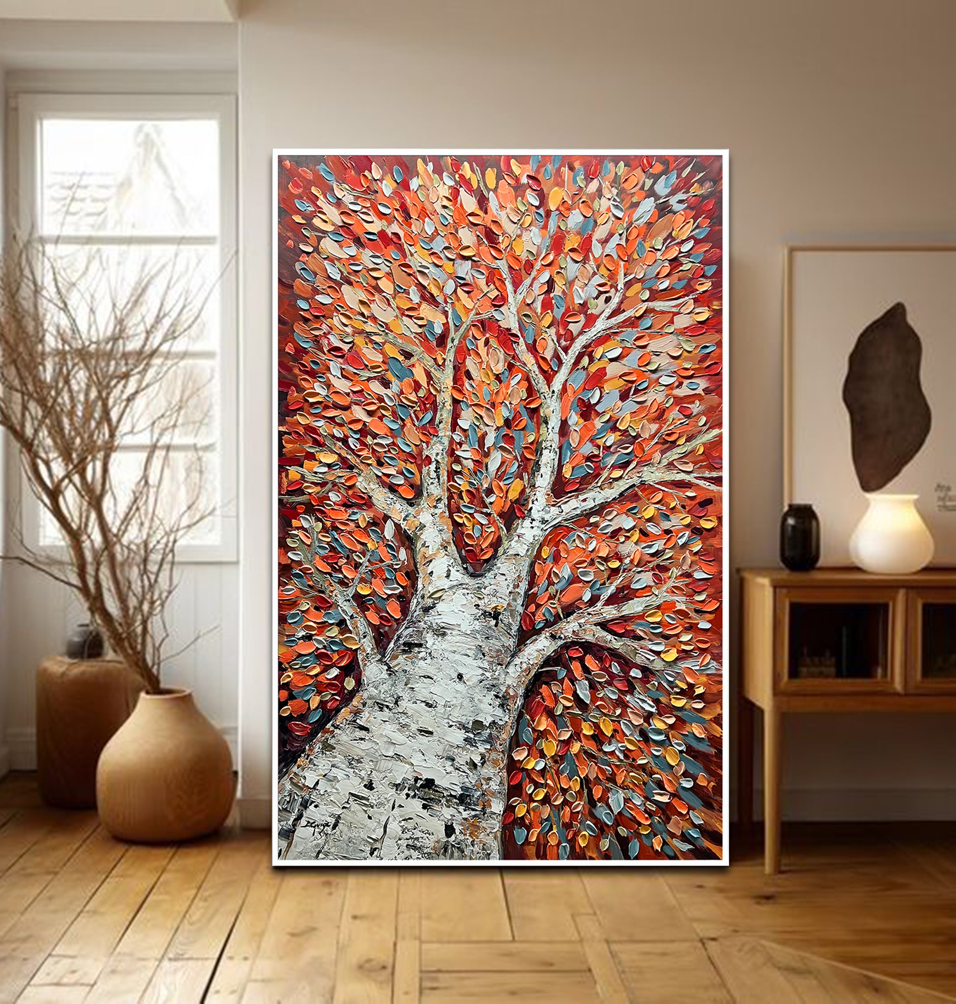 a painting of a tree in a room