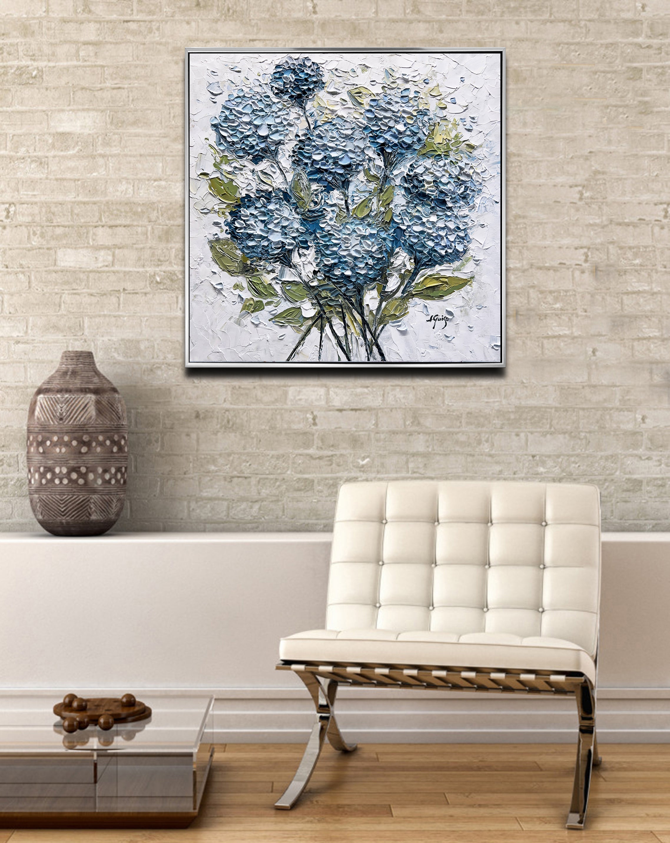 Abstract Flower, Set 2 Paintings, Navy Blue Living Room, Hydrangea Bouquet, hot Navy Wall Decor, Home Style, Wall Hanging, Gallery Wall set of 2