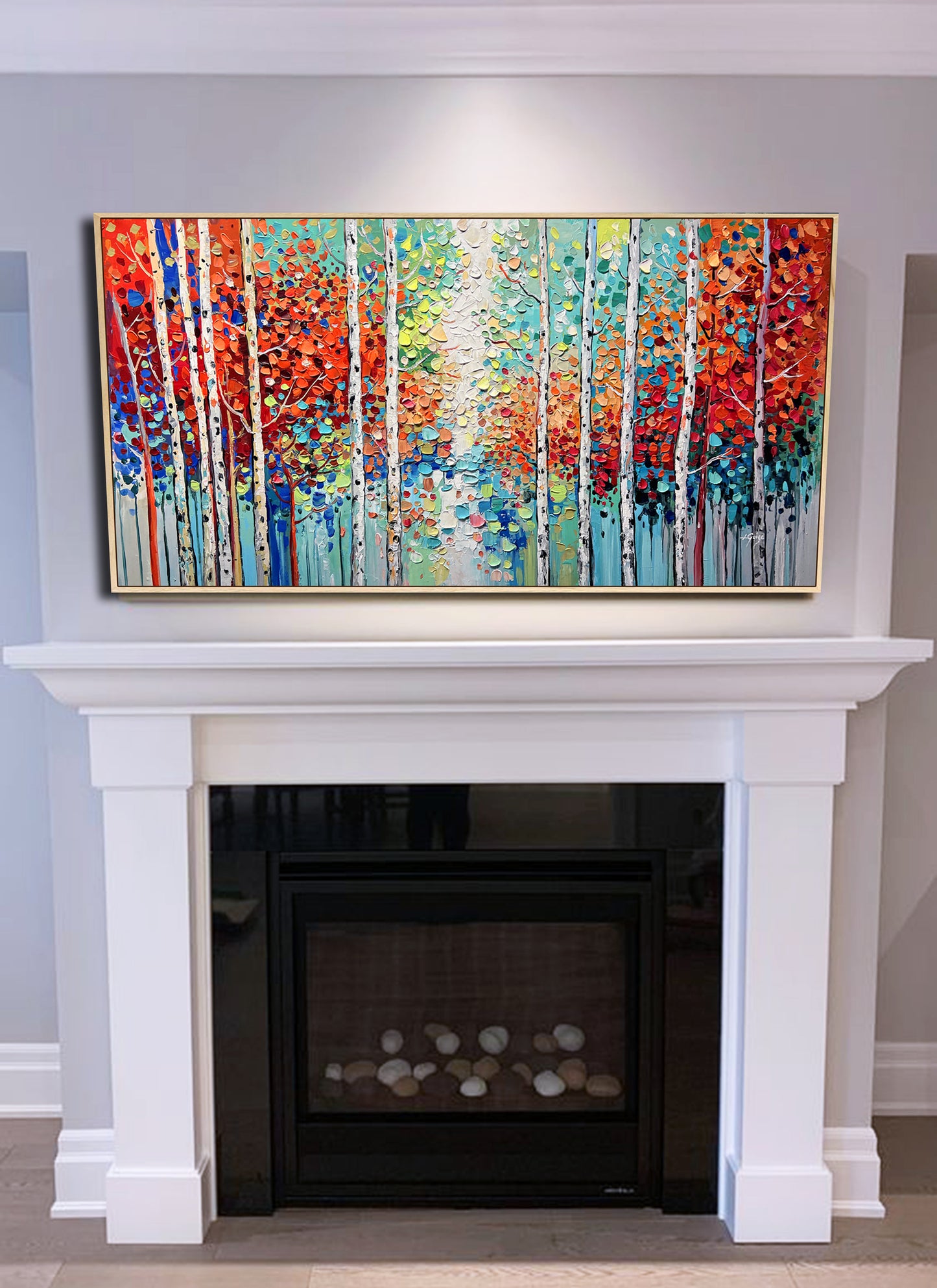 a fireplace with a painting on the mantle