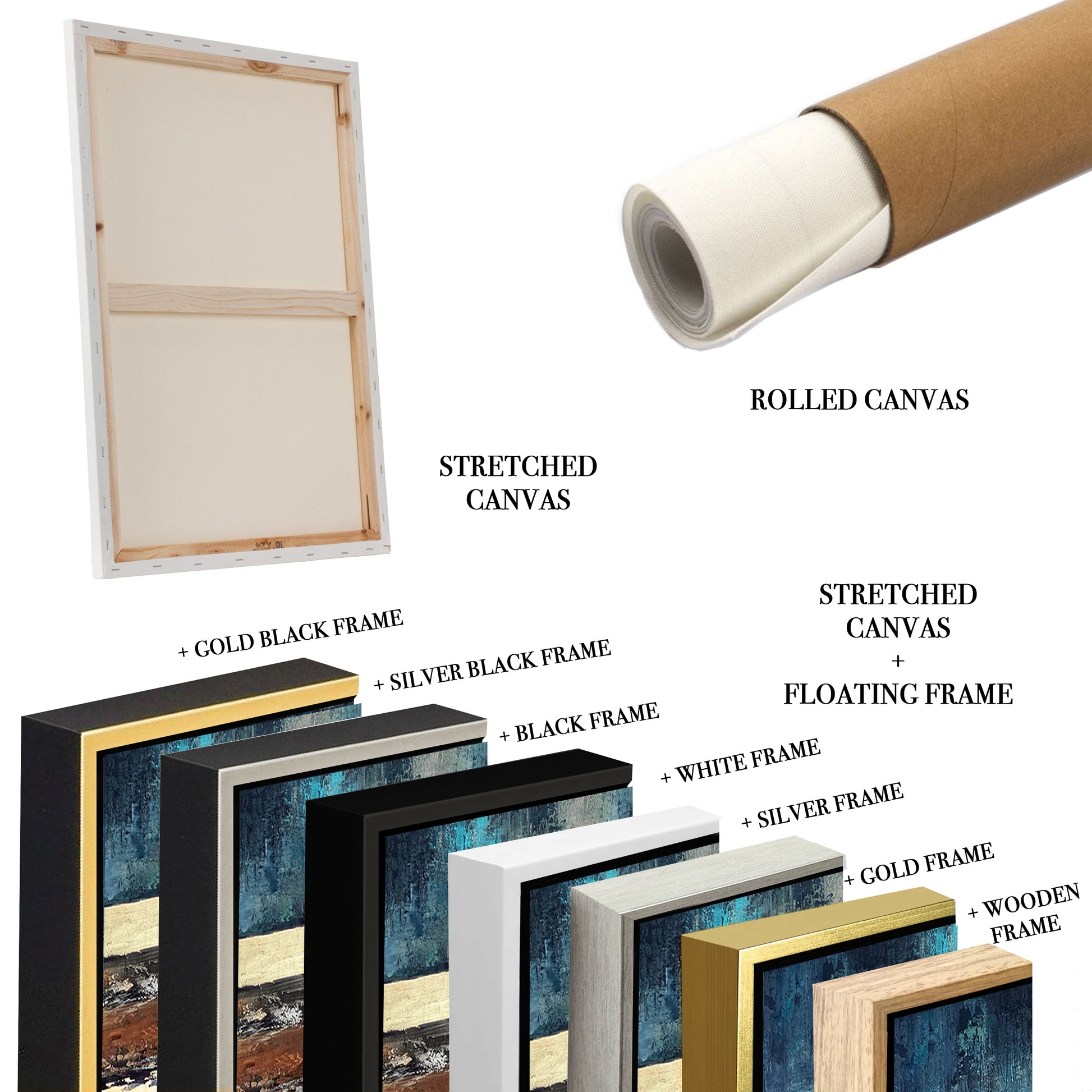 a picture frame, rolled canvas, rolled canvas, rolled canvas, rolled canvas,