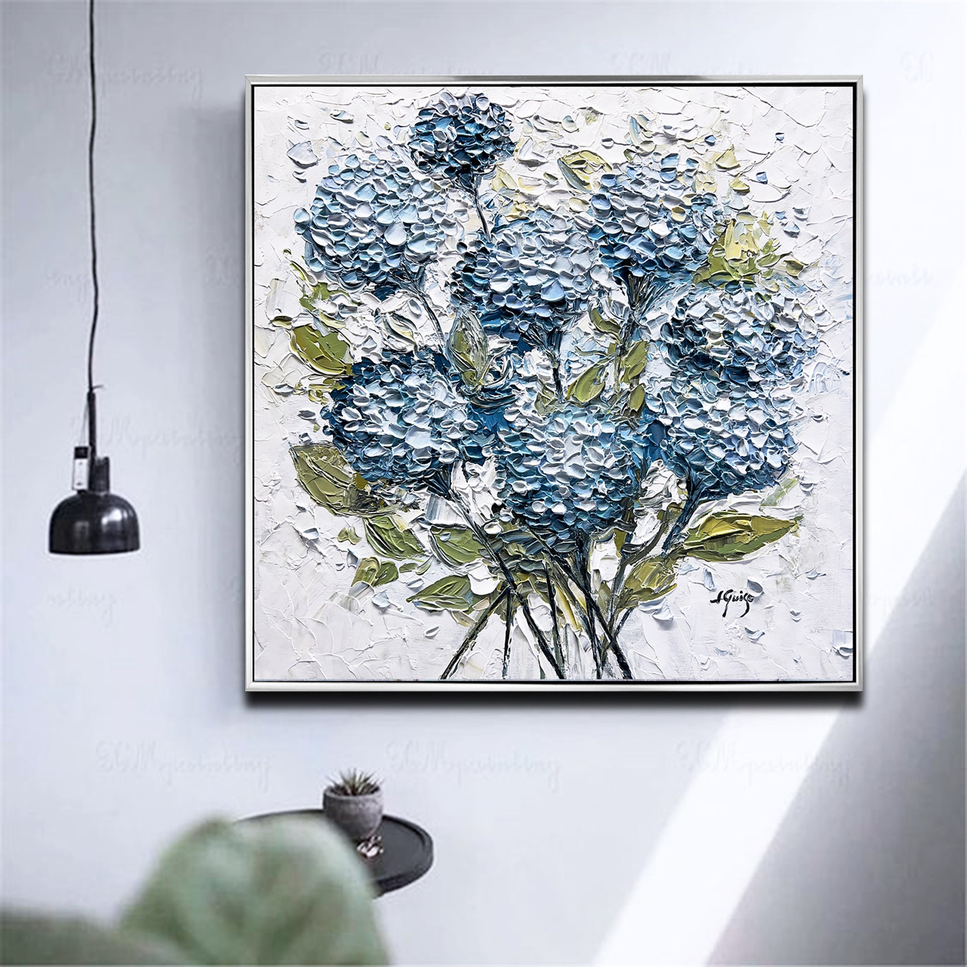 a painting of blue flowers on a white wall