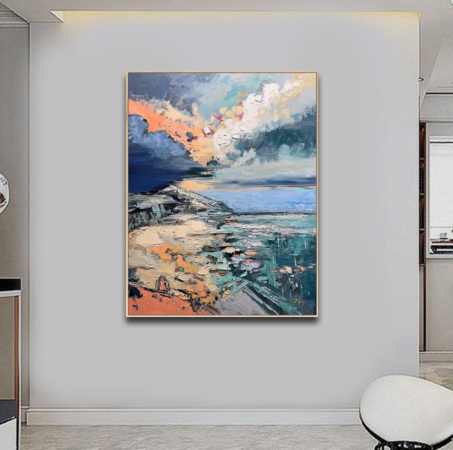 a painting hanging on a wall in a room