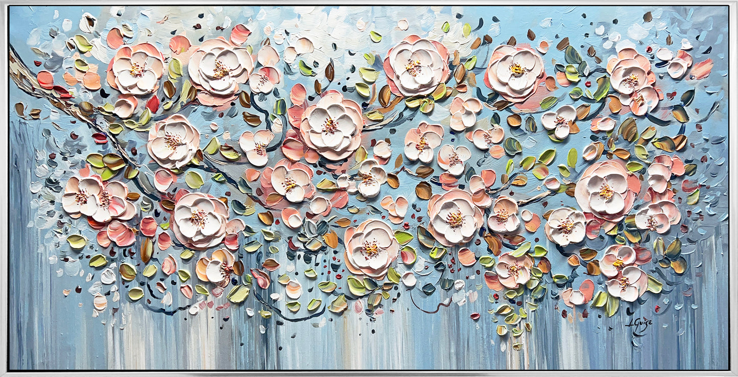 a painting of pink flowers on a blue background