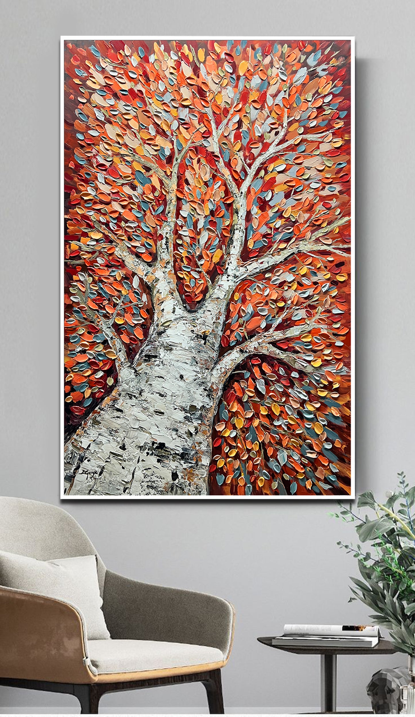 a painting of a tree with leaves on it