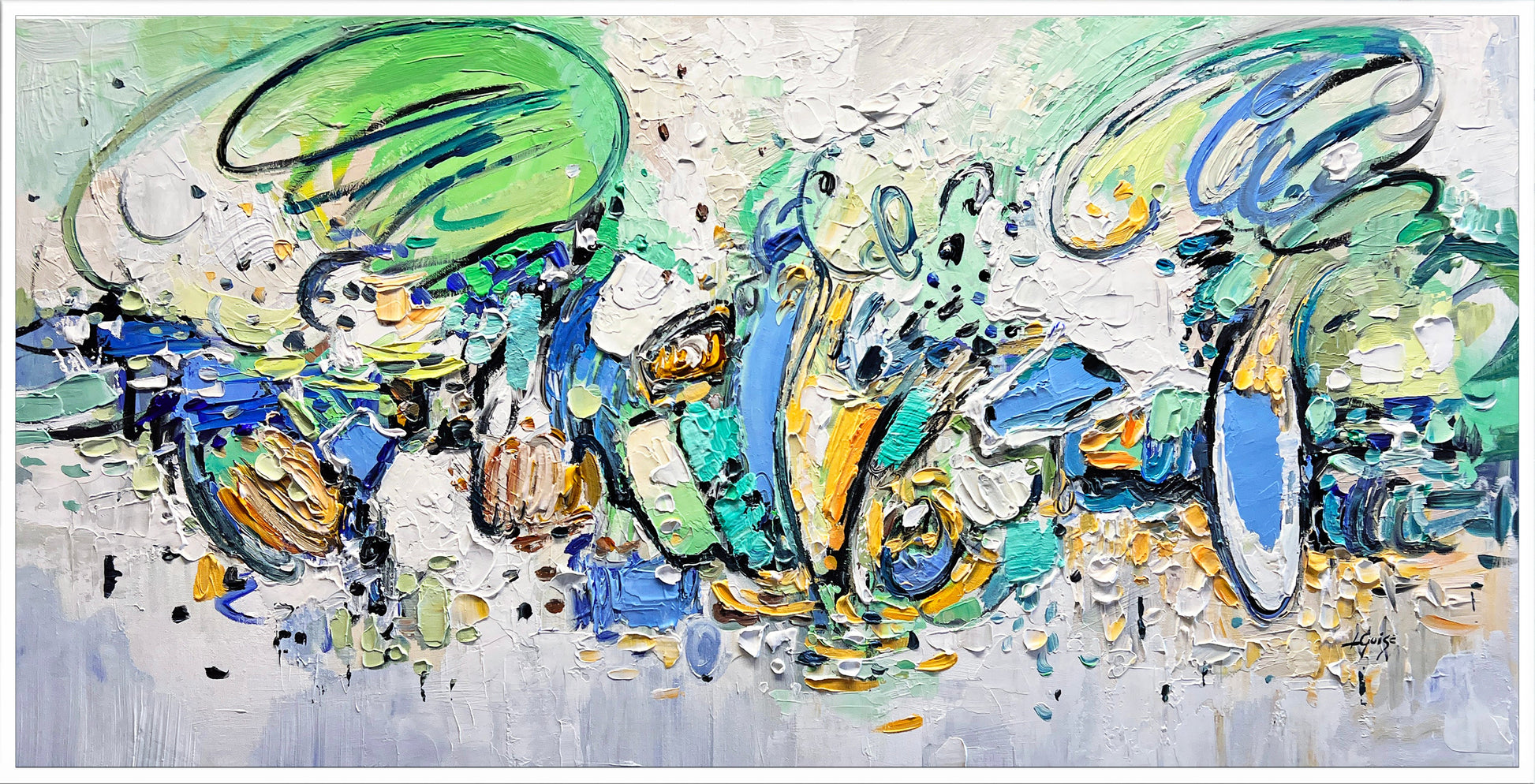 an abstract painting with blue, green, and yellow colors