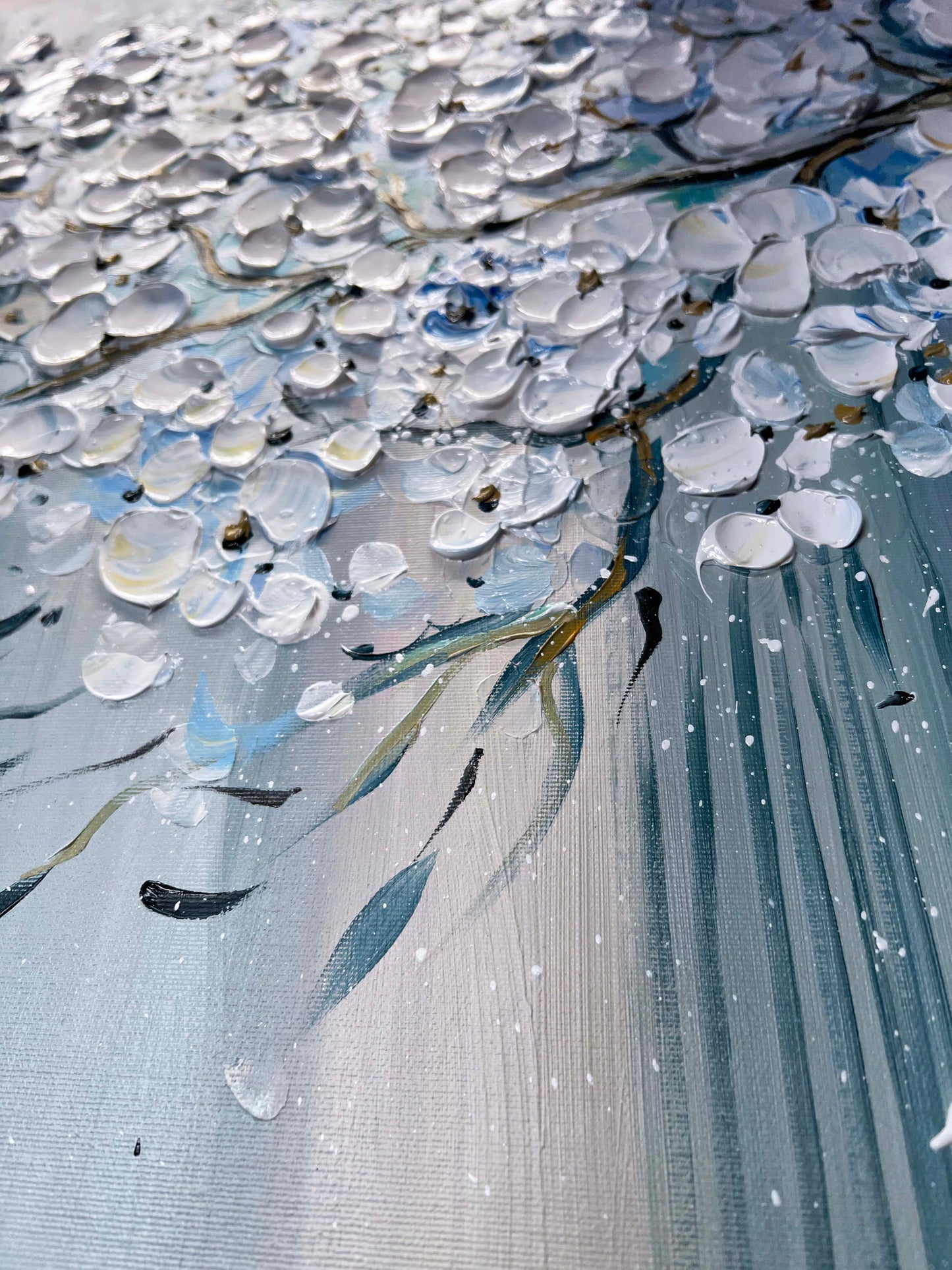 a painting of white flowers on a gray background