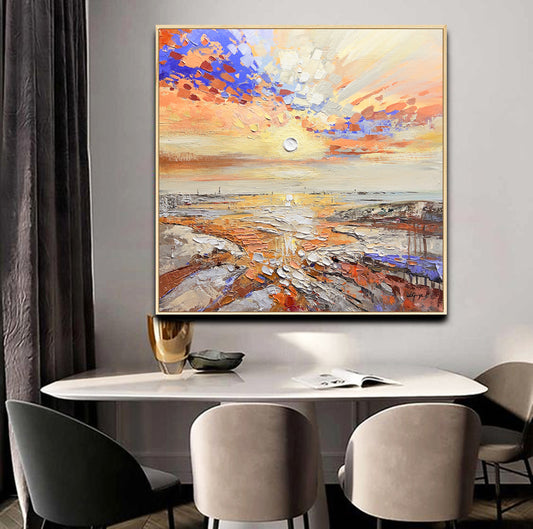 a painting hanging on a wall above a dining room table