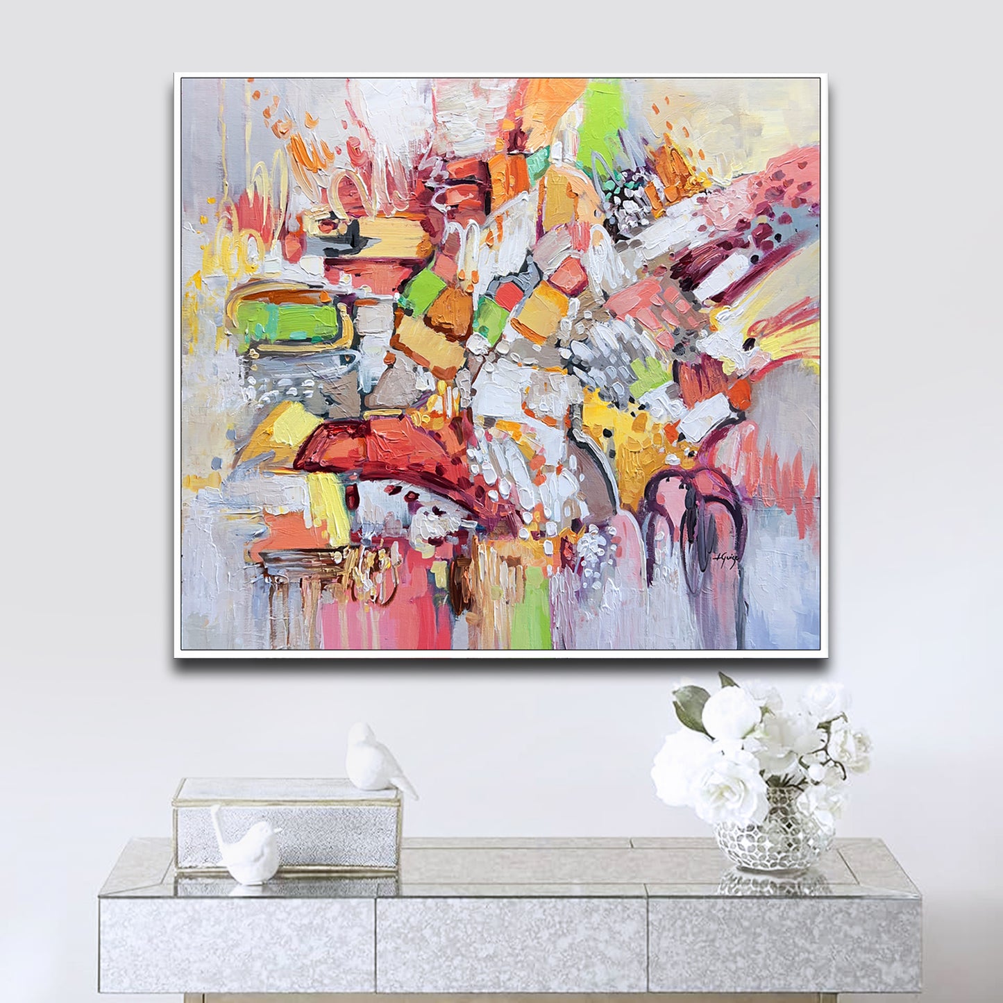 a painting on a wall above a console table