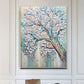 a painting of a tree with white flowers on a blue background