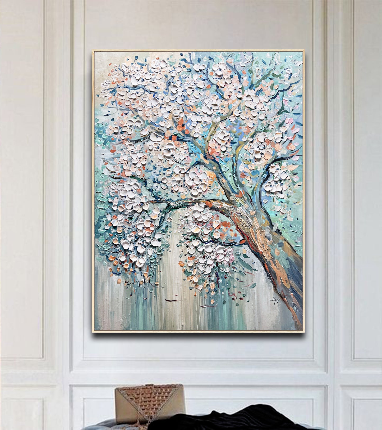 a painting of a tree with white flowers on a blue background