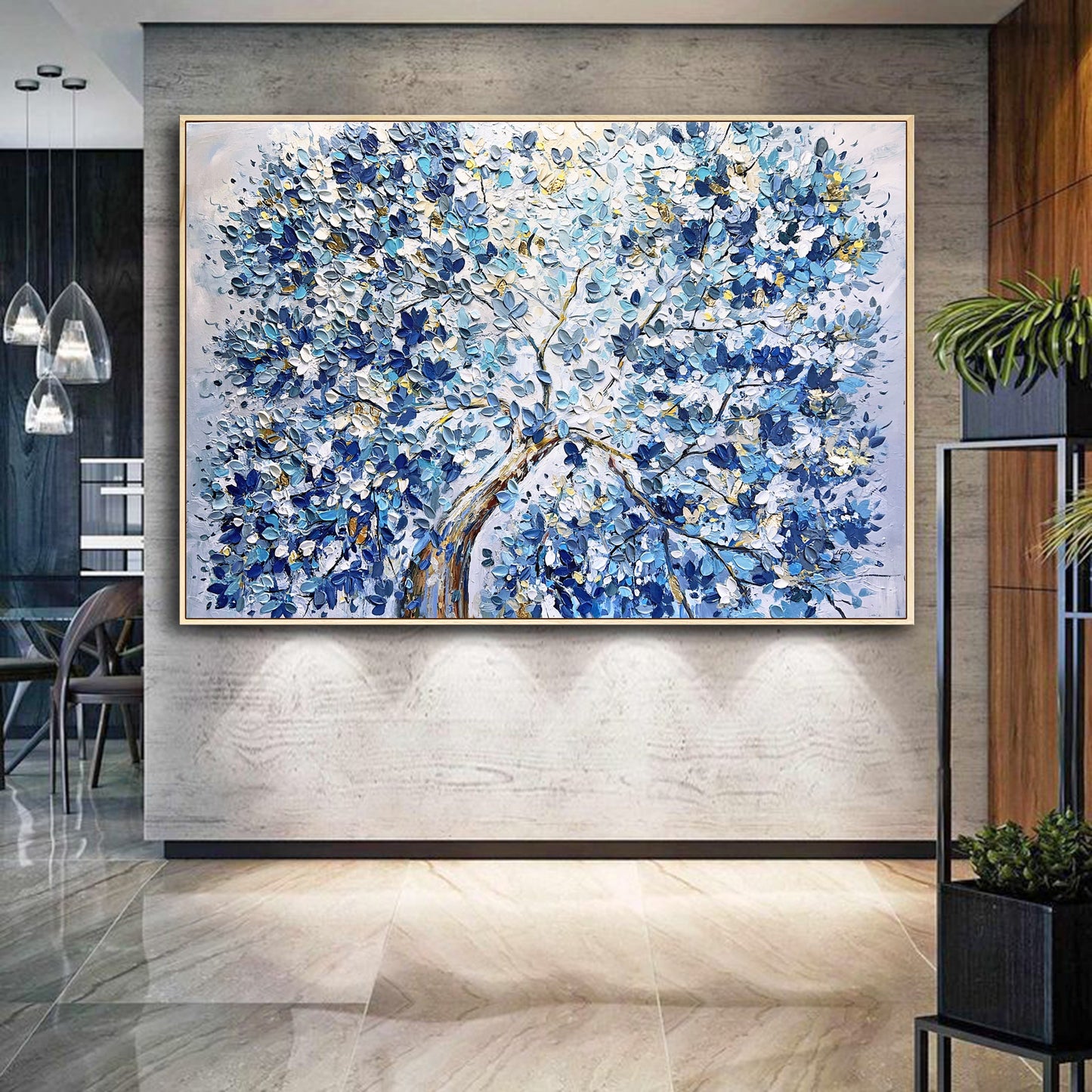 a painting of a blue tree on a wall