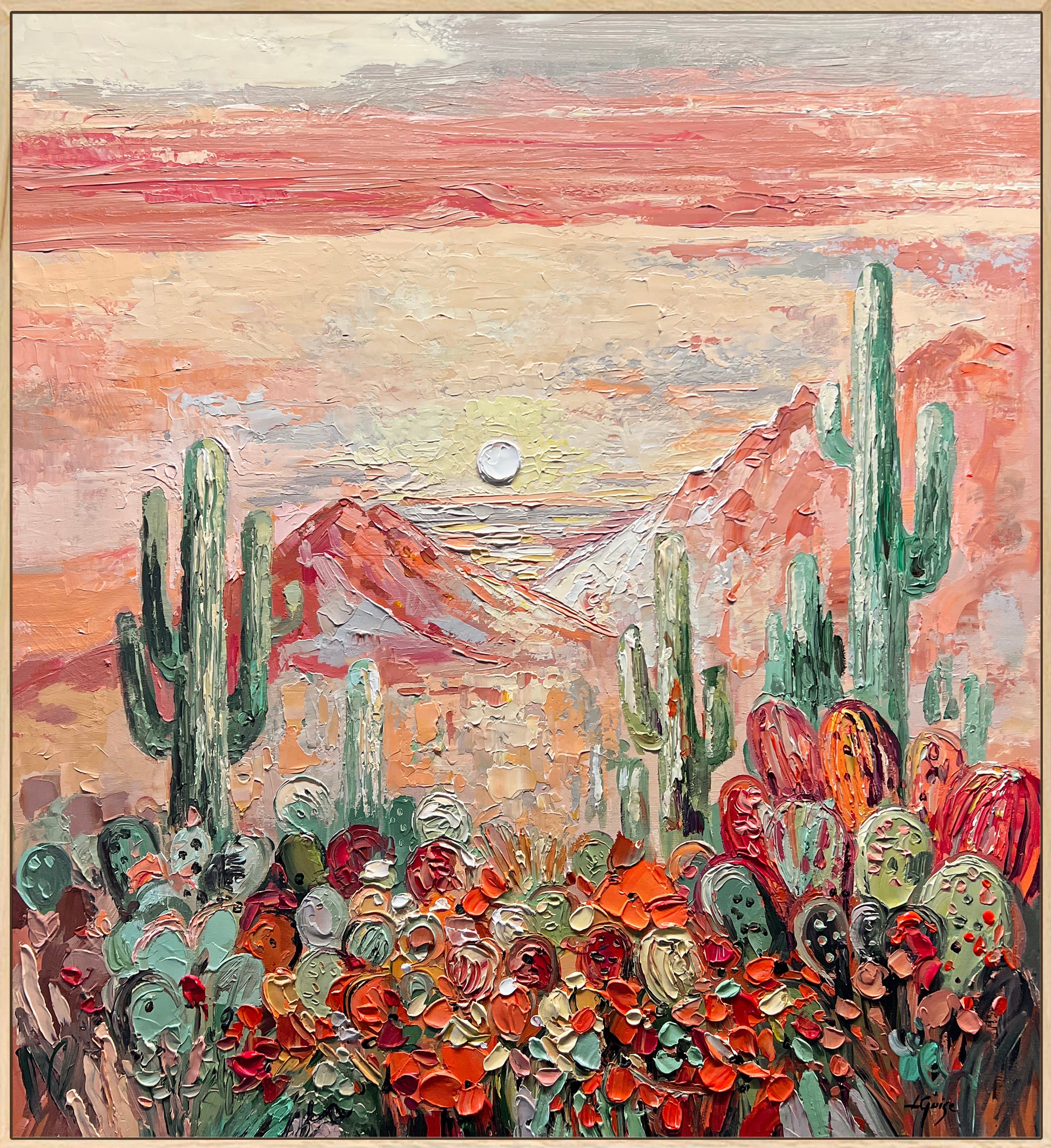 a painting of a desert scene with cactus trees