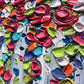 a close up of a bunch of plates on a table