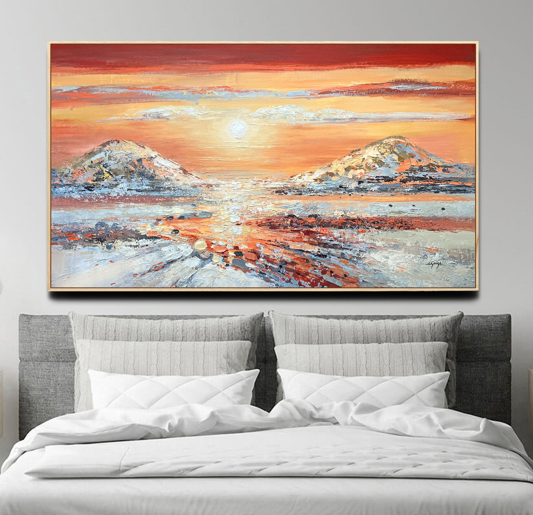 a painting of a sunset over a bed