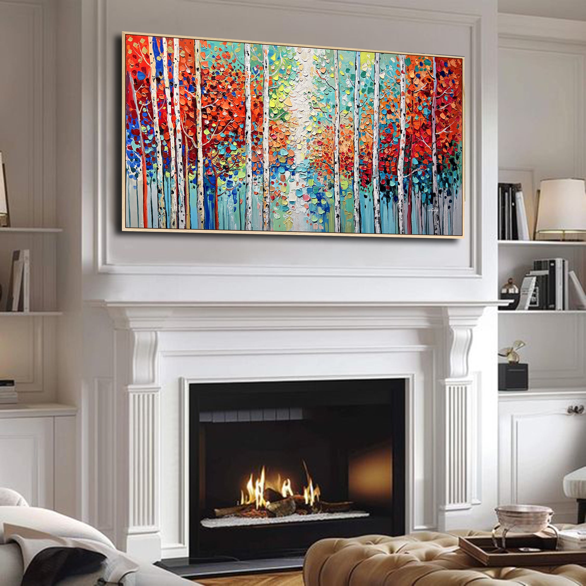 a living room with a fire place and a painting on the wall