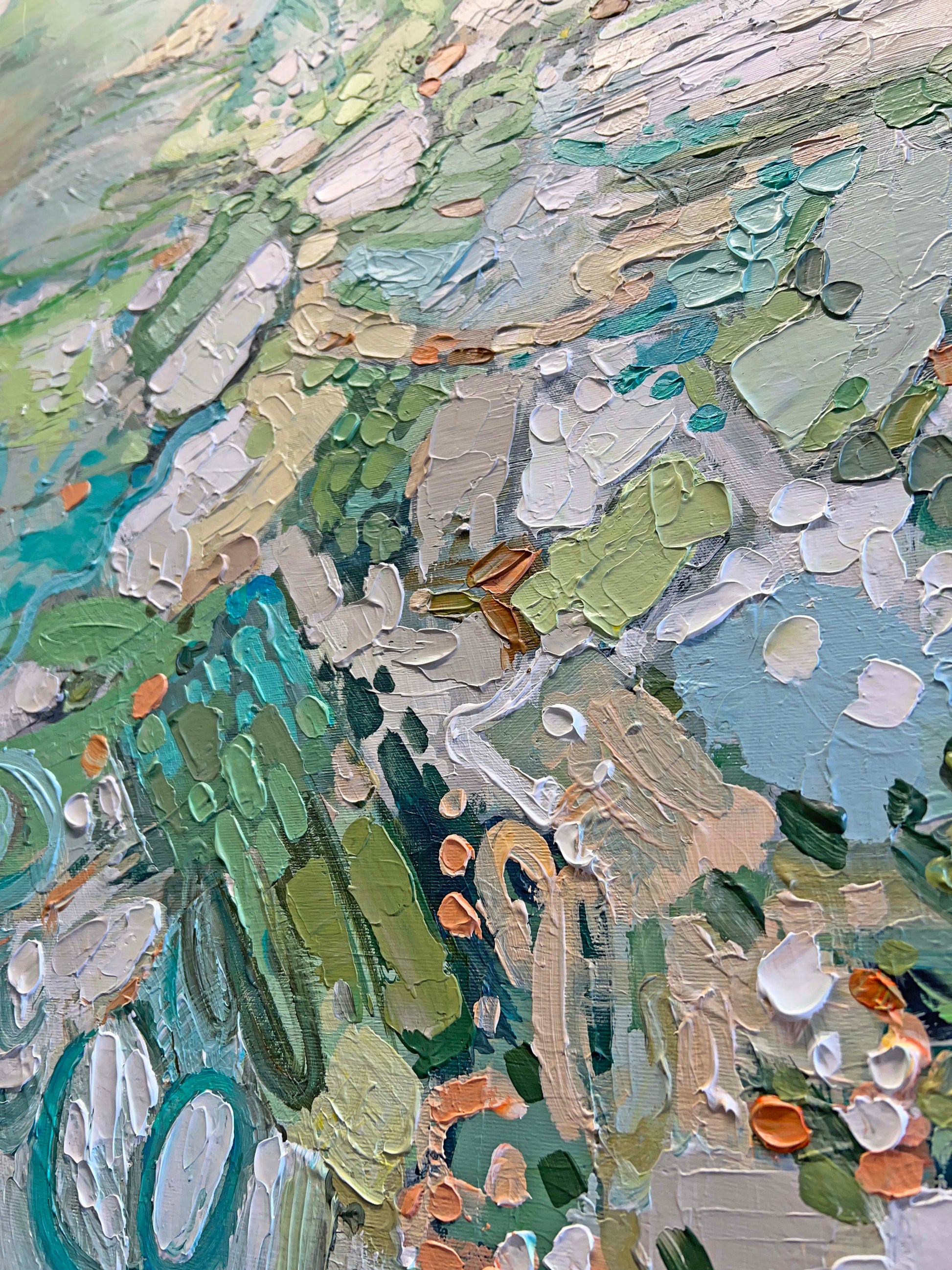 a close up of an abstract painting with many colors