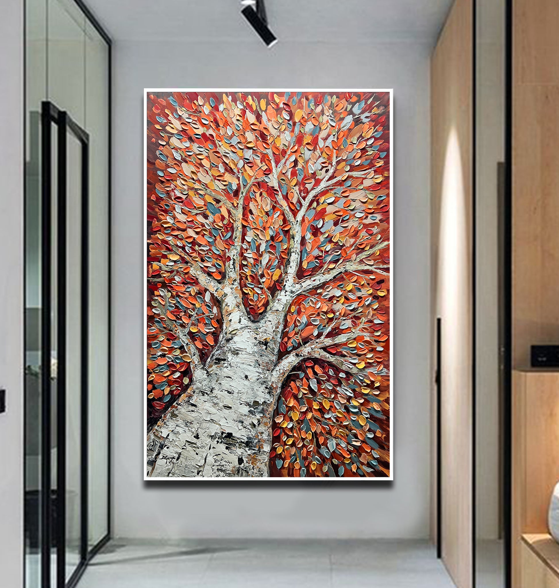 a painting of a tree in a hallway