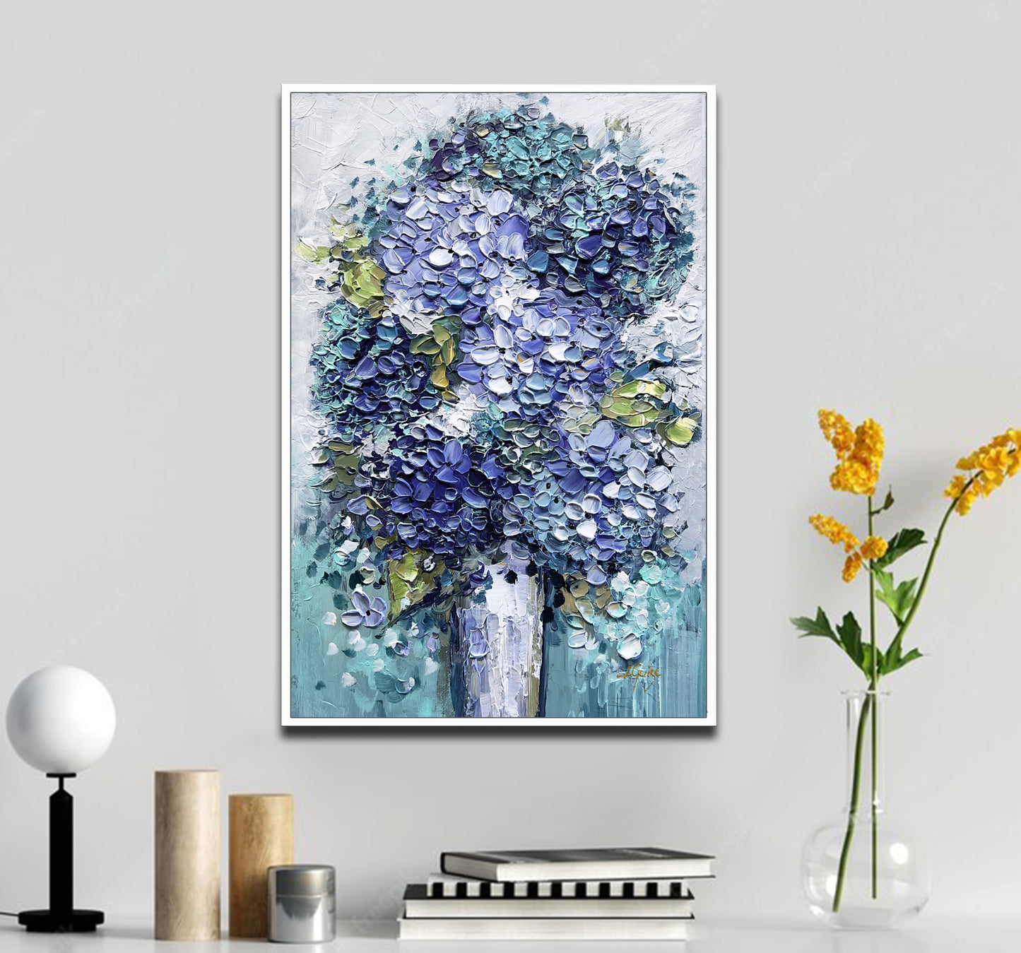 a painting of blue flowers in a vase