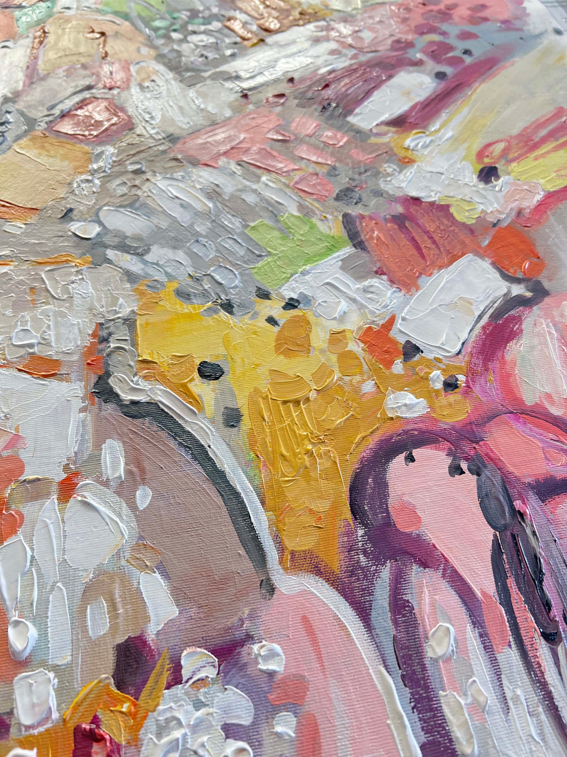 a close up of an abstract painting with lots of colors