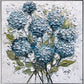 a painting of blue flowers on a white background