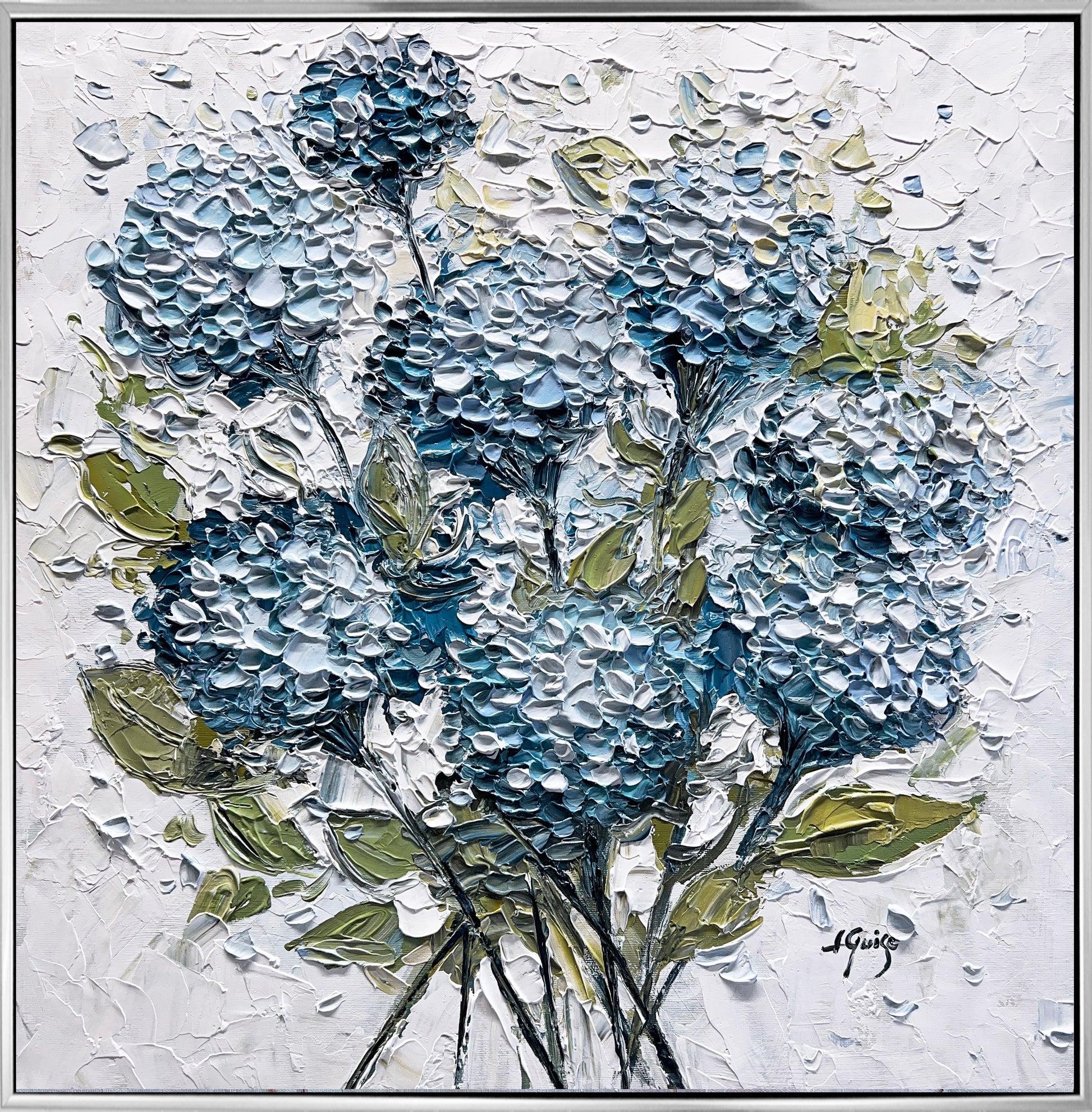 a painting of blue flowers on a white background