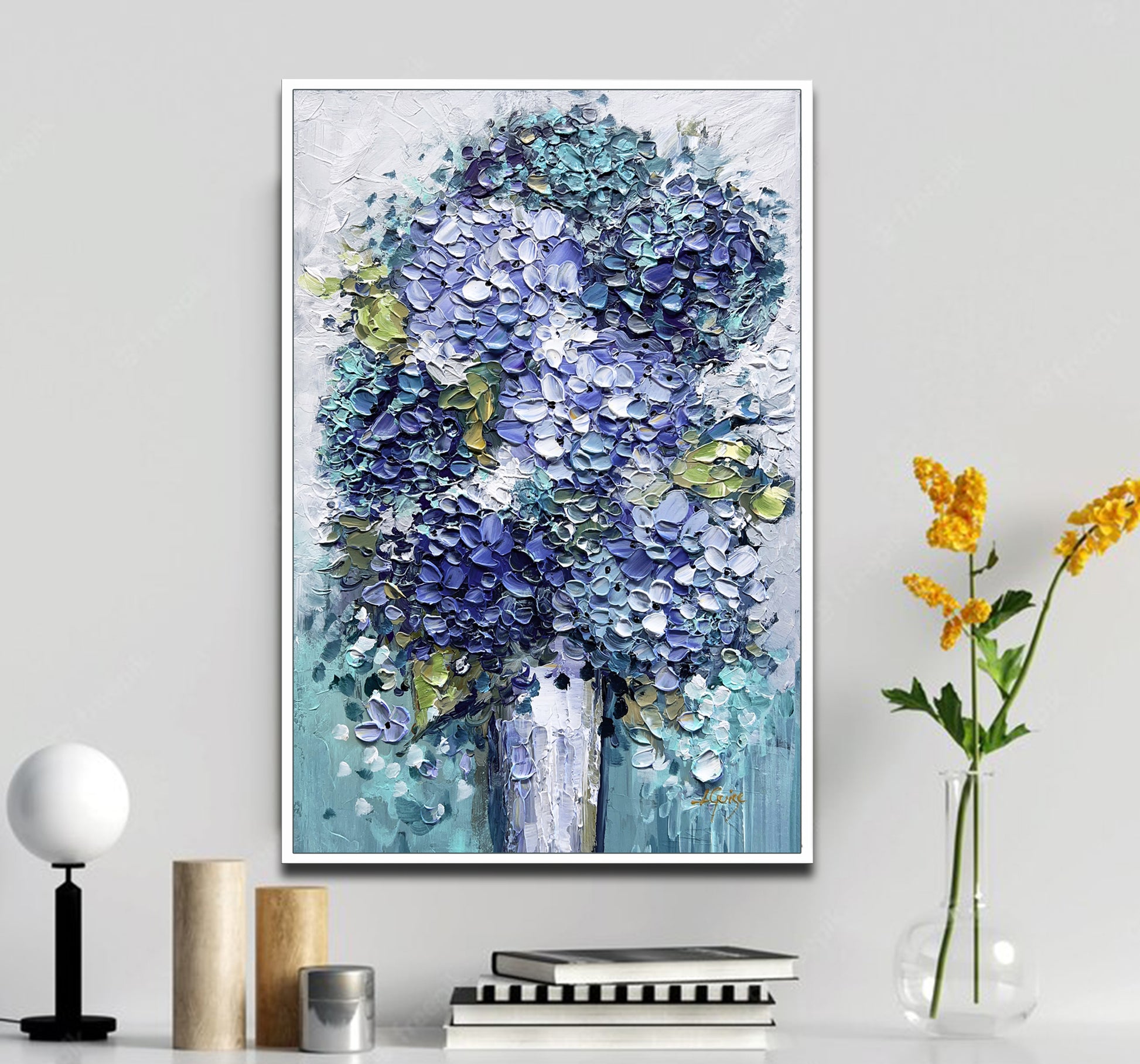 a painting of blue flowers in a vase