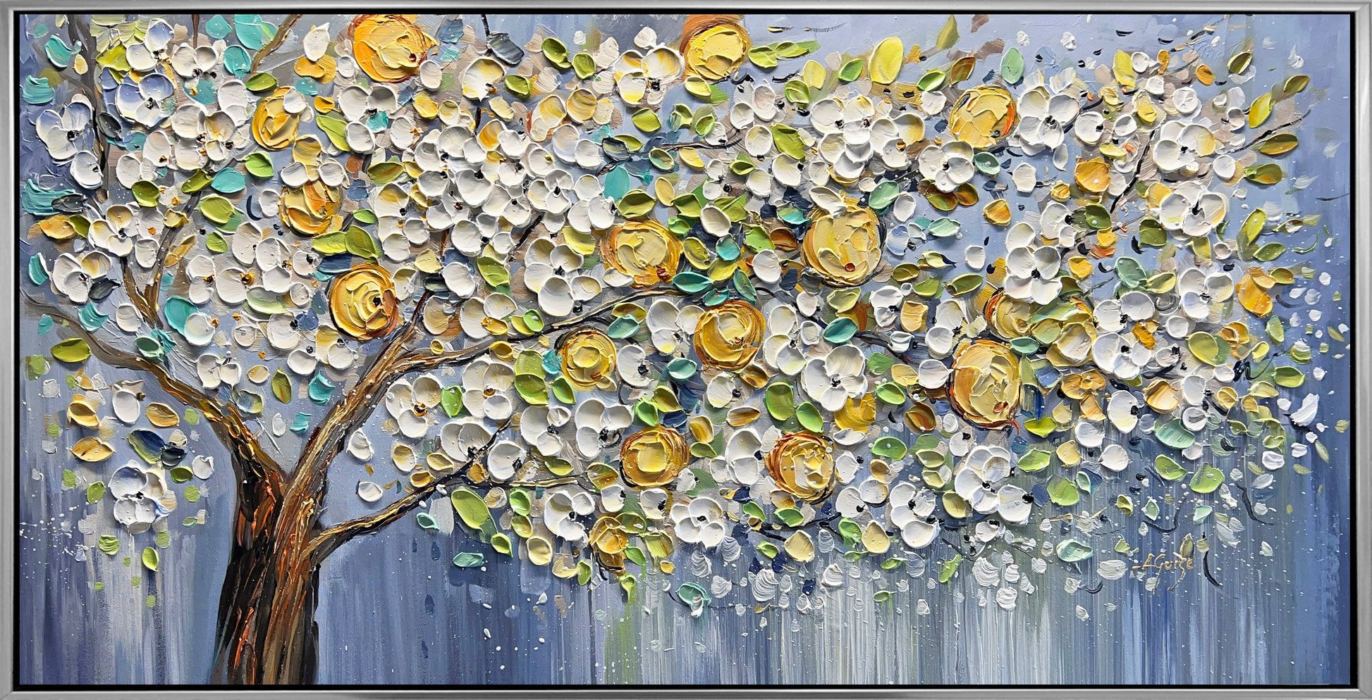 a painting of a tree with coins on it