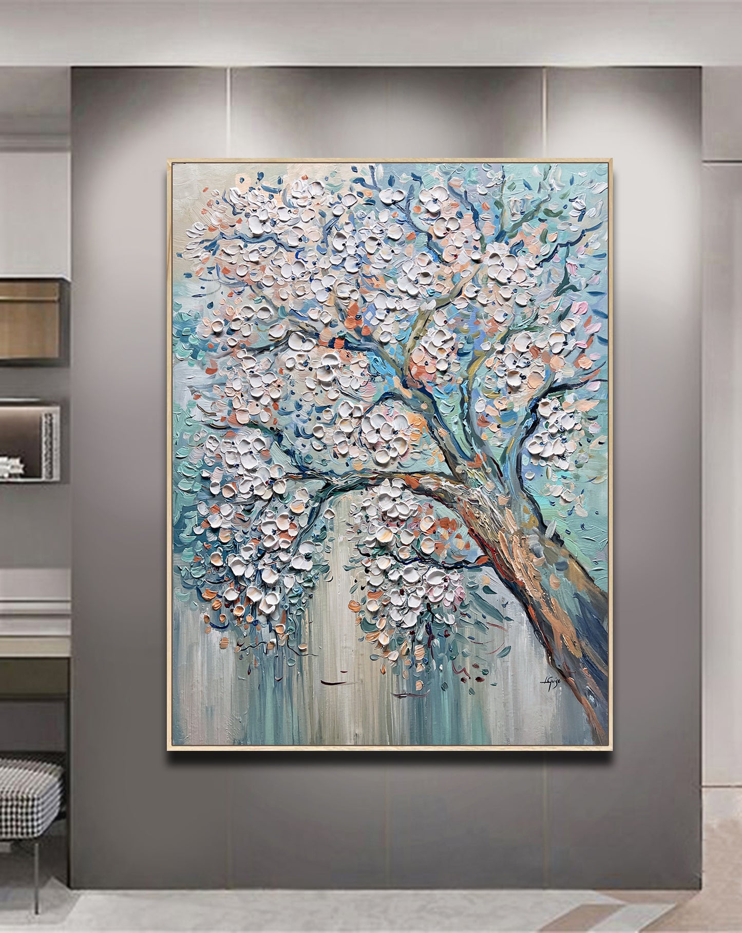 a painting of a tree in a room