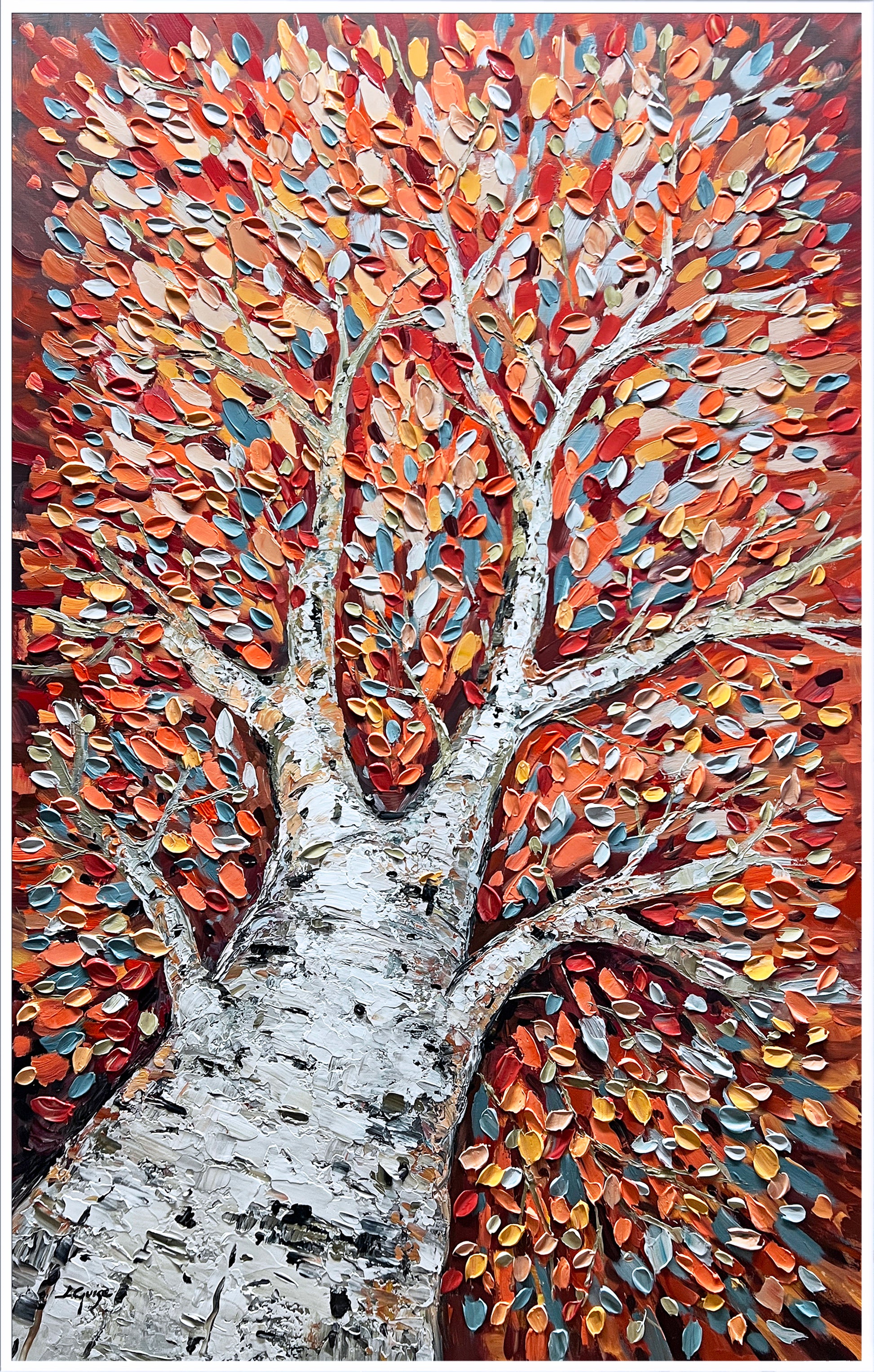 a painting of a white tree with orange leaves