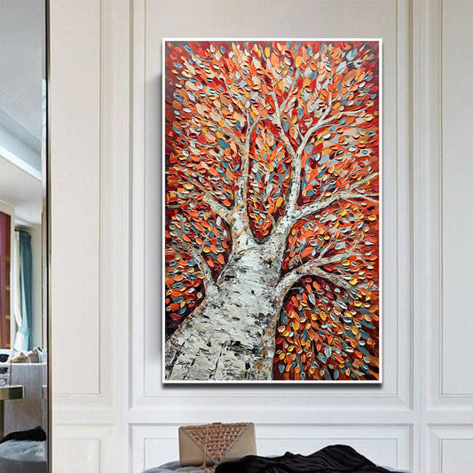 a painting of a tree with red leaves