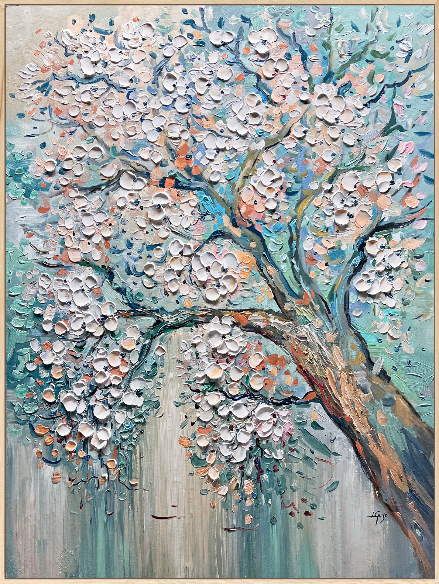 a painting of a tree with white flowers