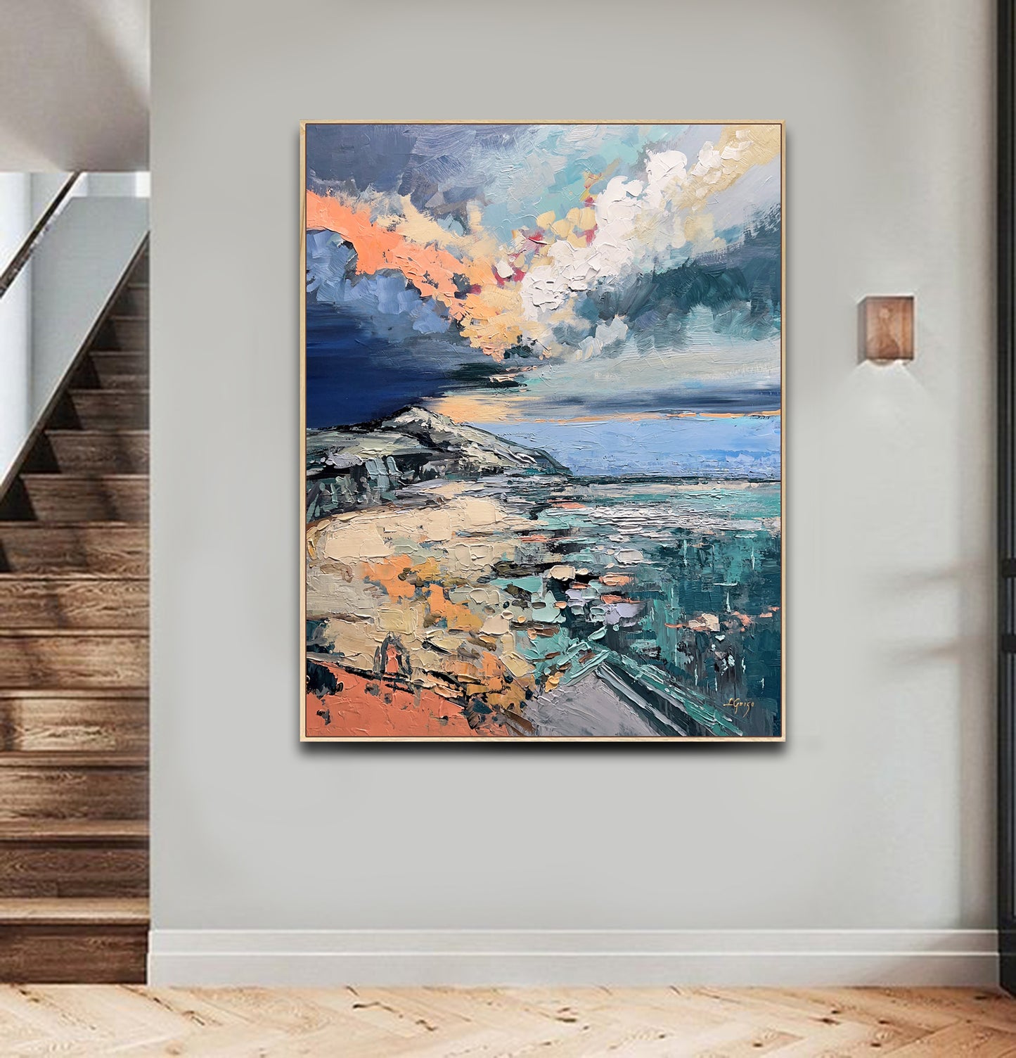 a painting hanging on a wall next to a stair case