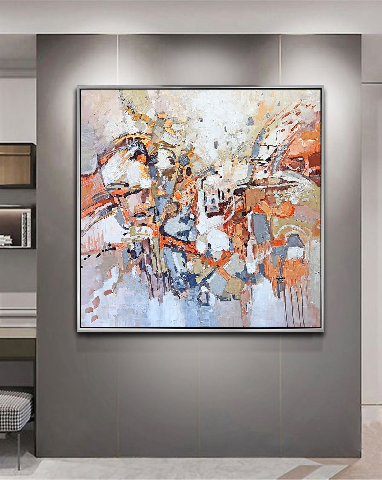 a large painting hanging on a wall in a room