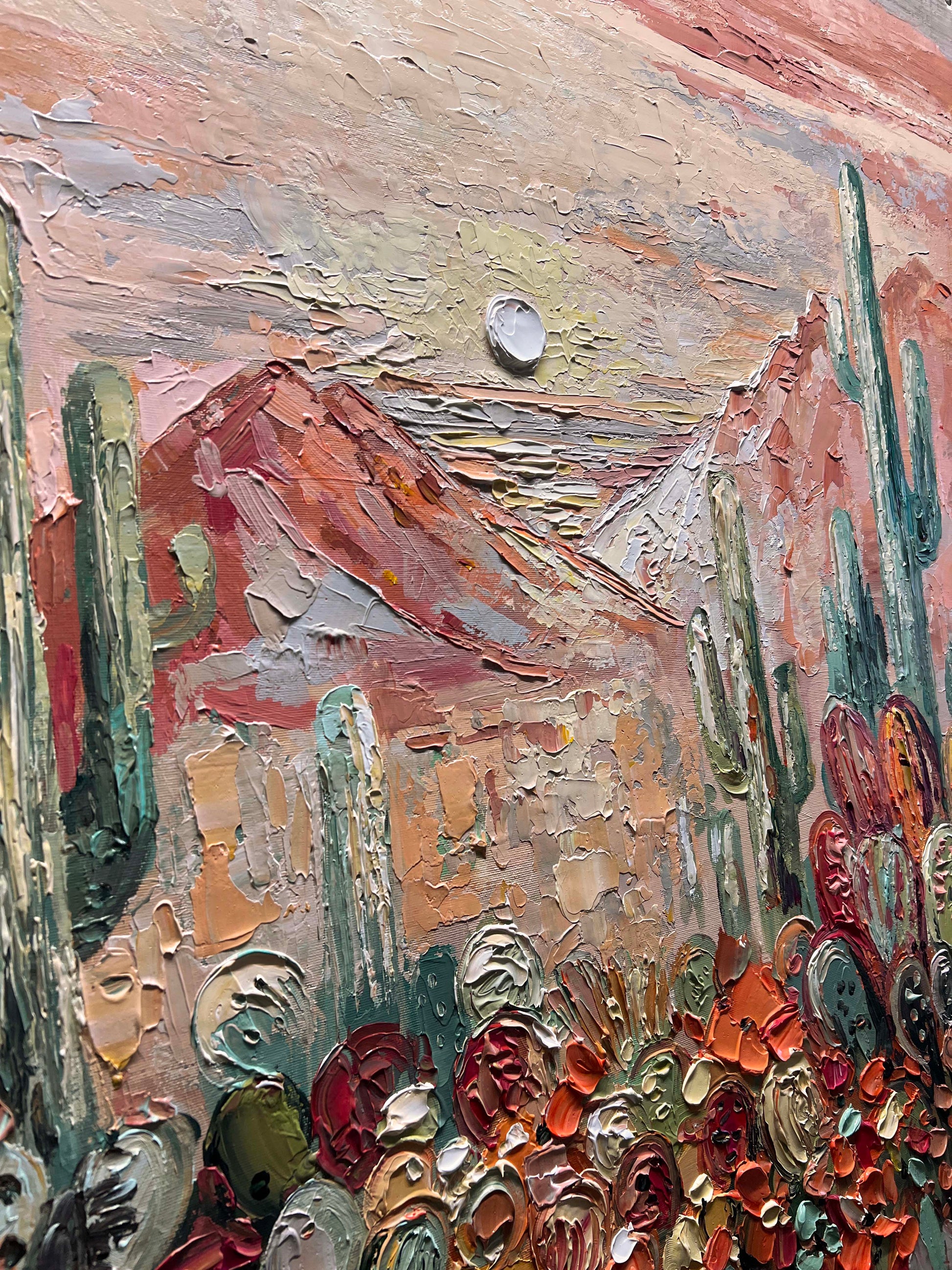 a painting of a desert scene with cactus trees