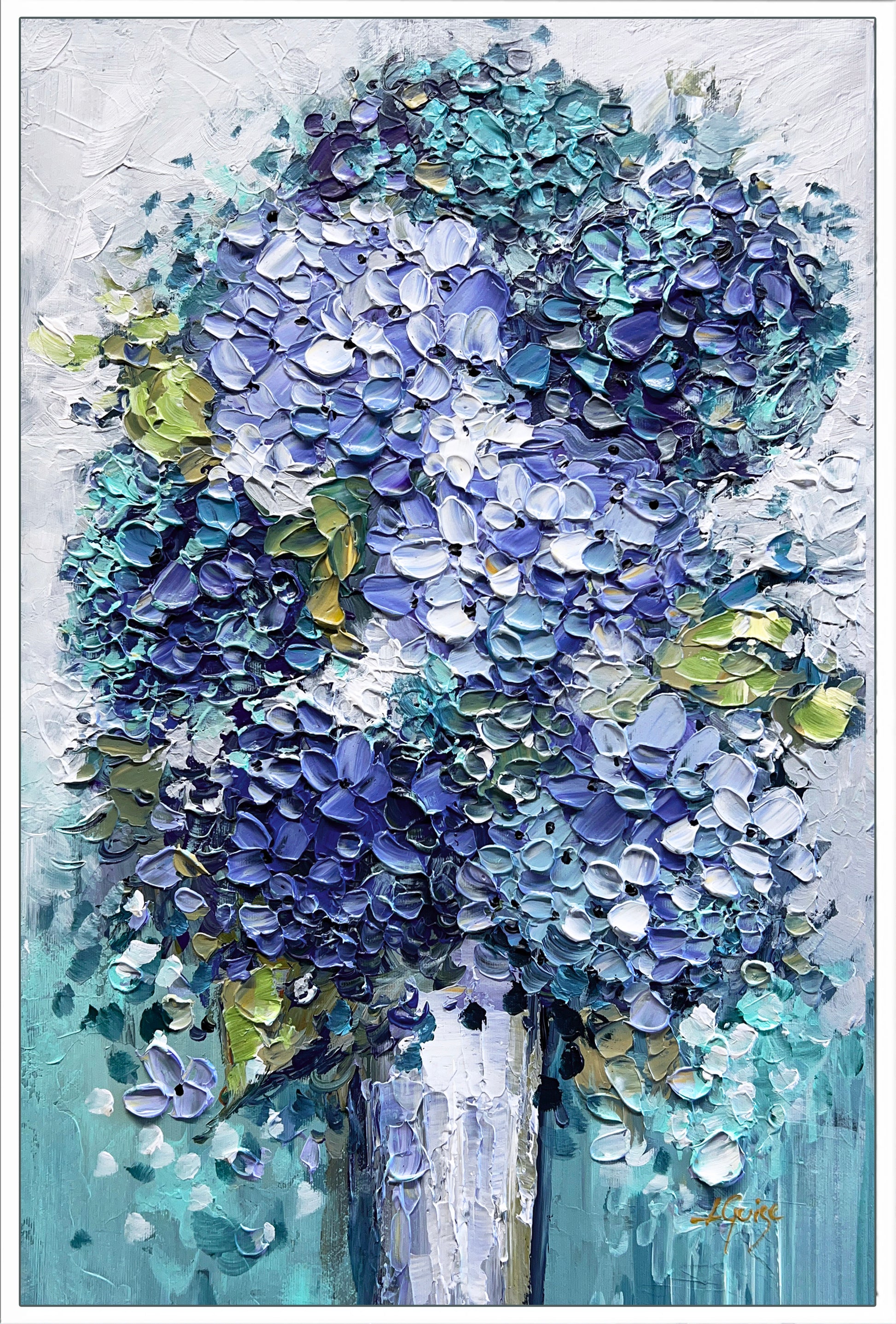 a painting of a vase filled with blue flowers