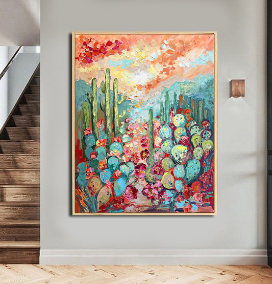 a painting hanging on a wall next to a stair case