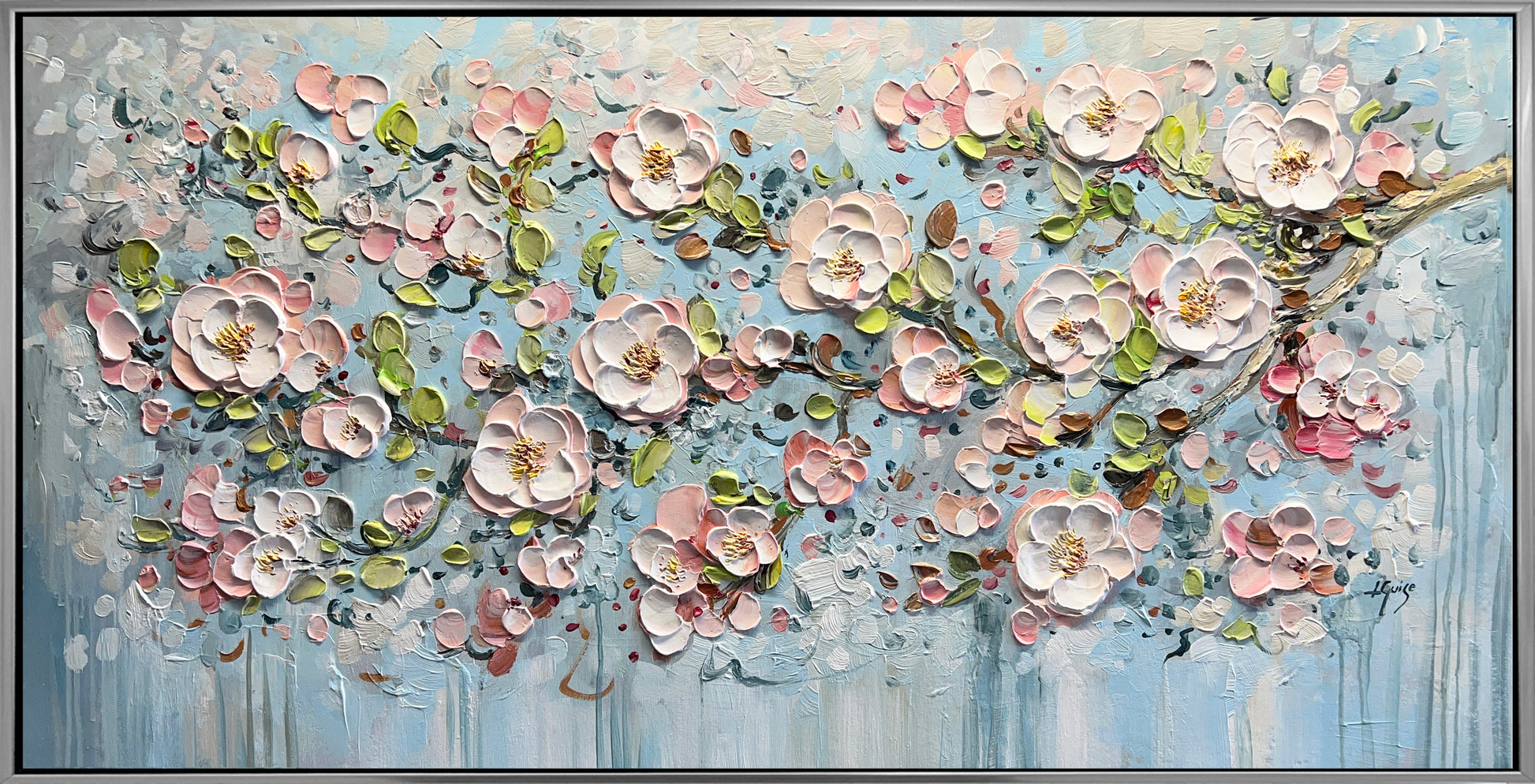 a painting of pink flowers on a blue background