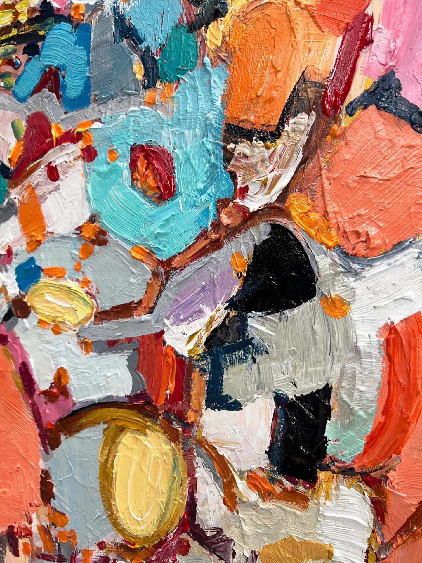 a close up of an abstract painting with many colors