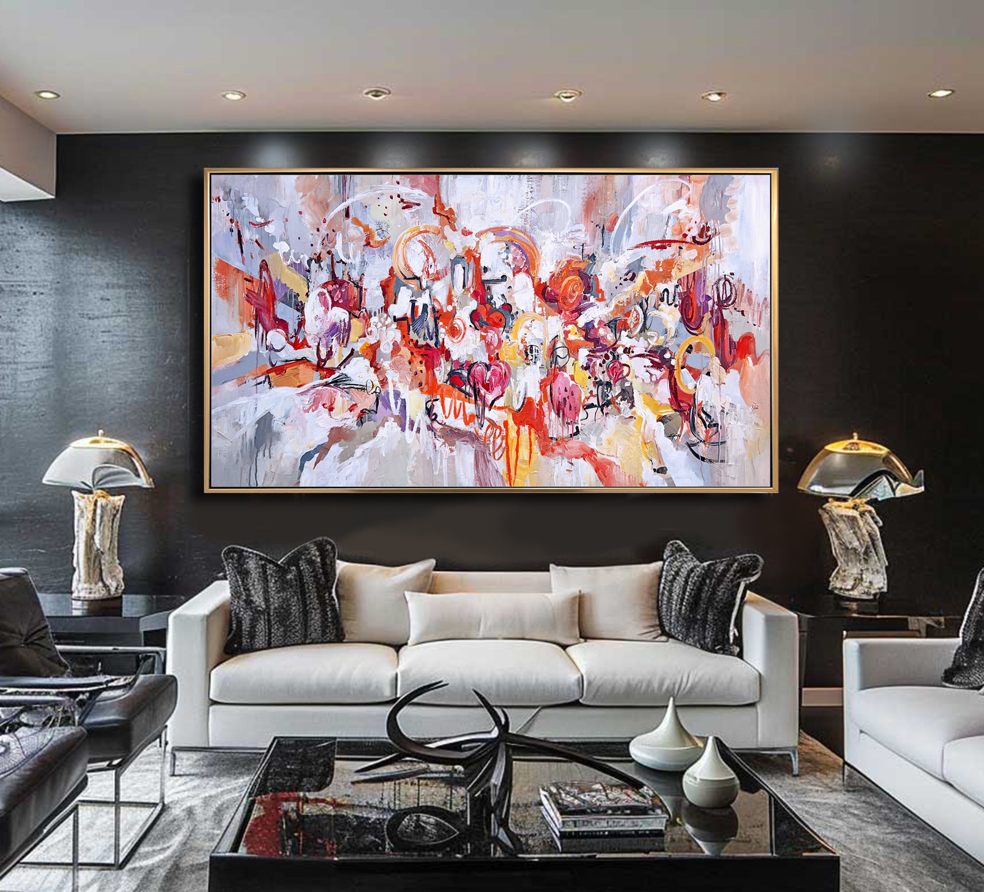 a living room filled with furniture and a large painting