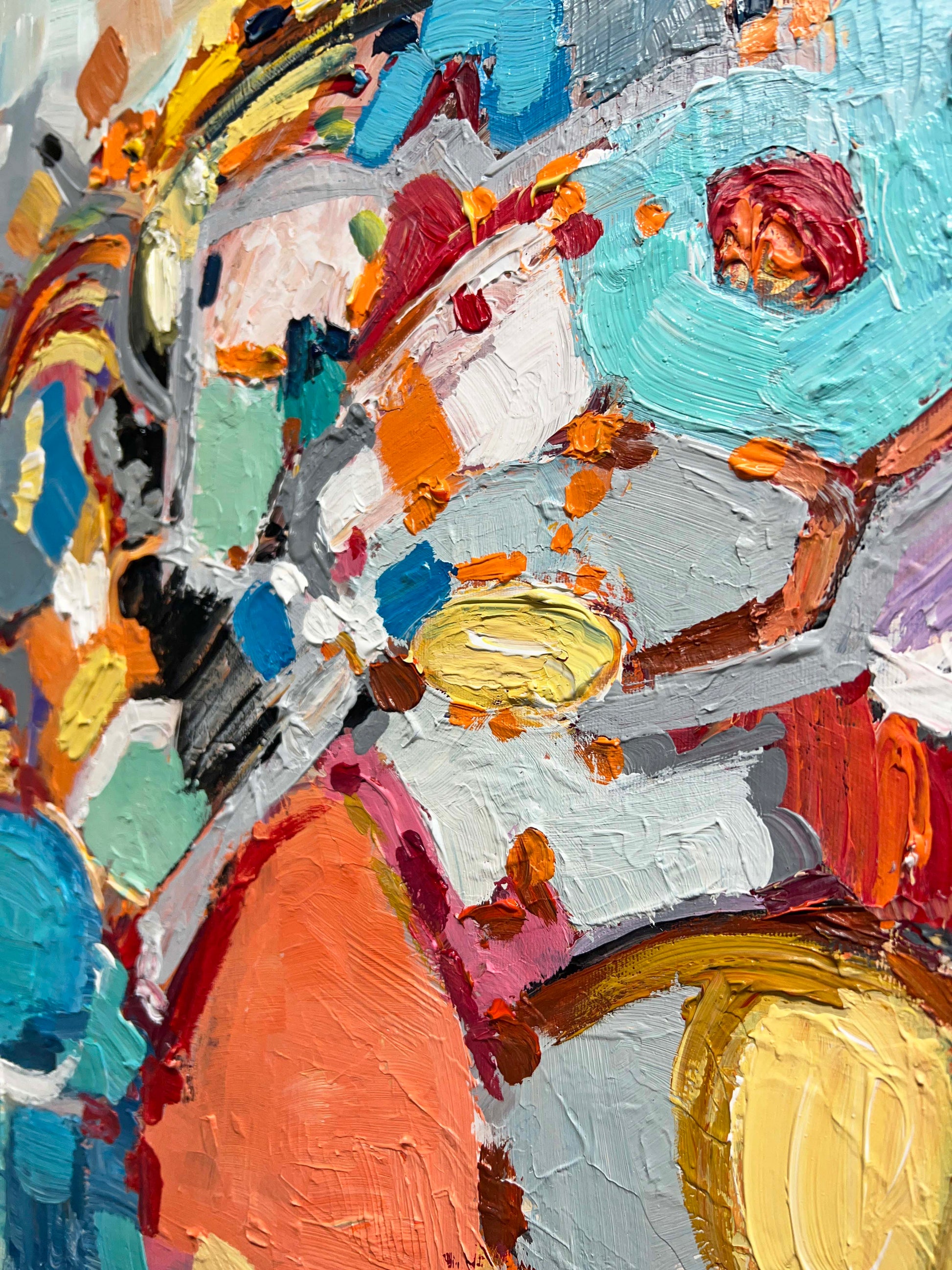 a close up of an abstract painting with many colors