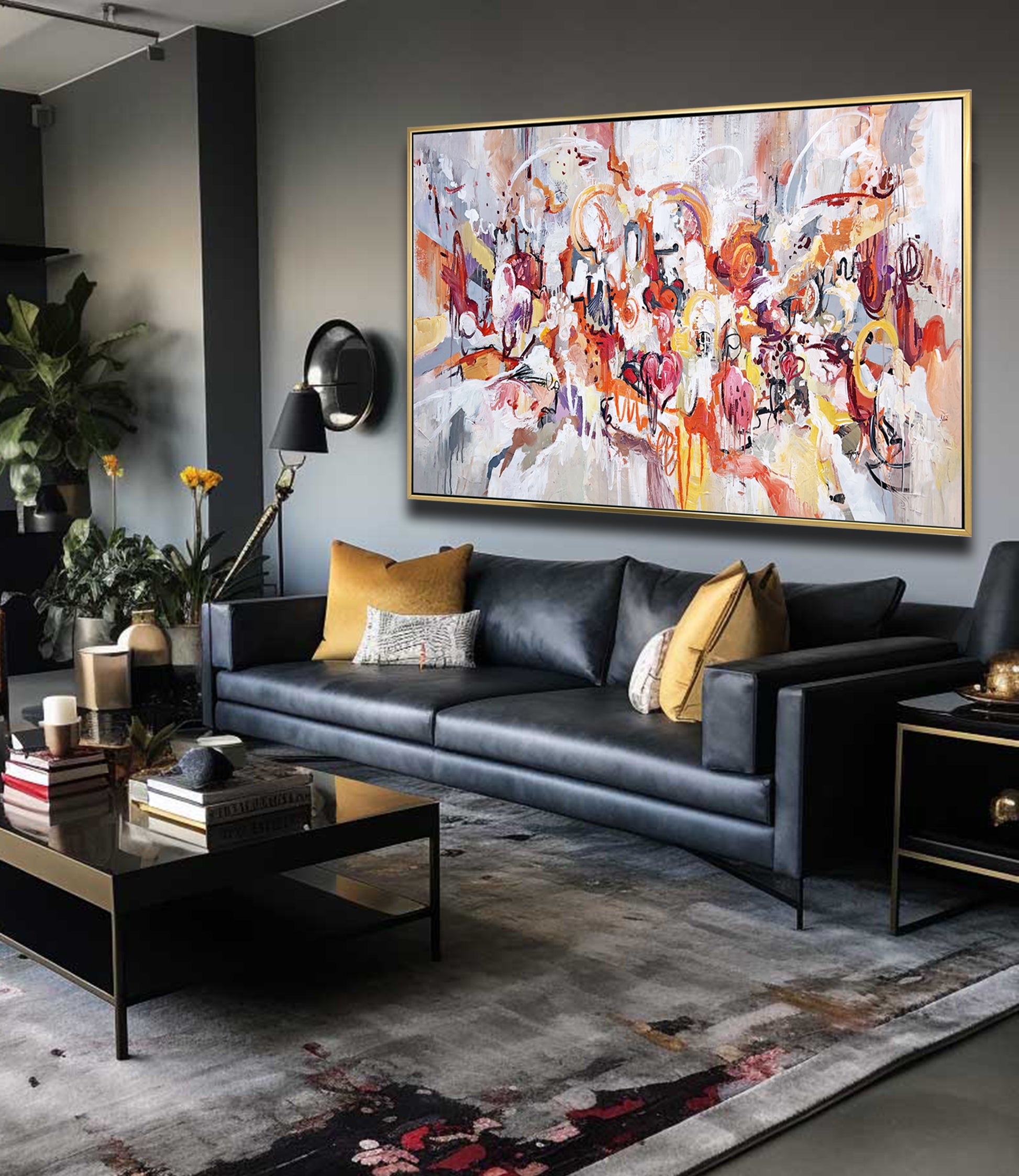 a living room filled with furniture and a painting on the wall