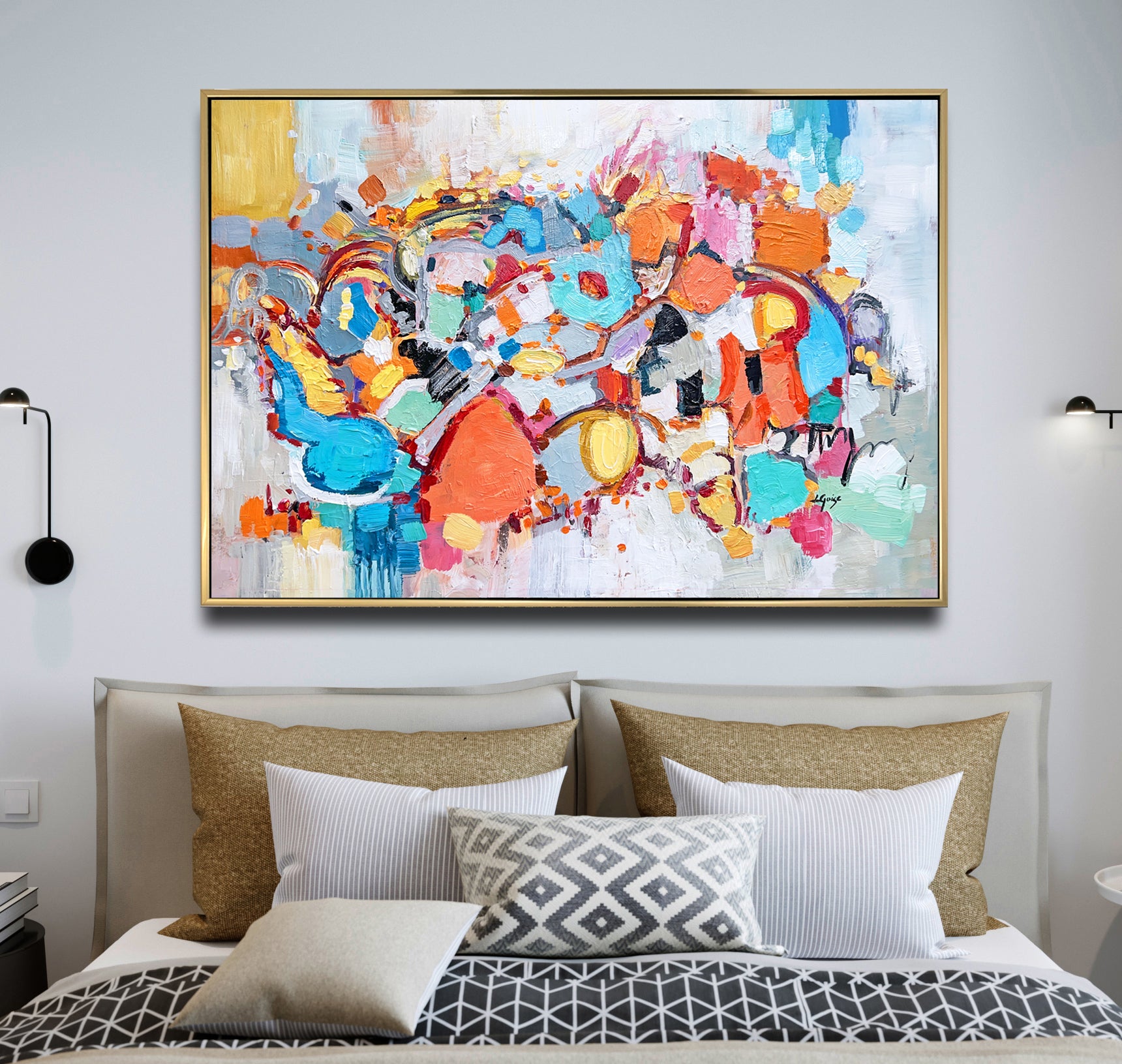 a large abstract painting hangs above a bed