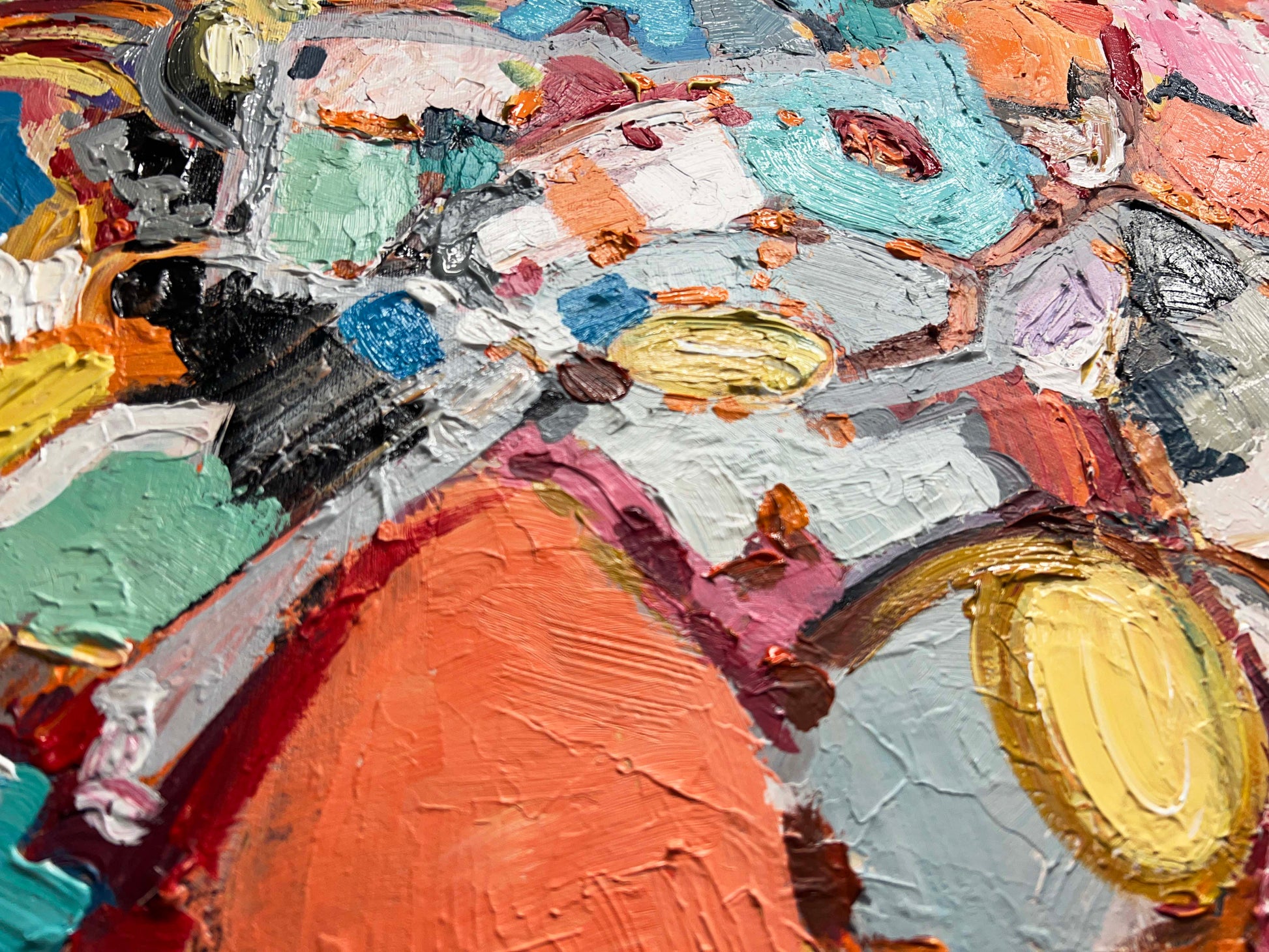 a close up of an abstract painting with many colors
