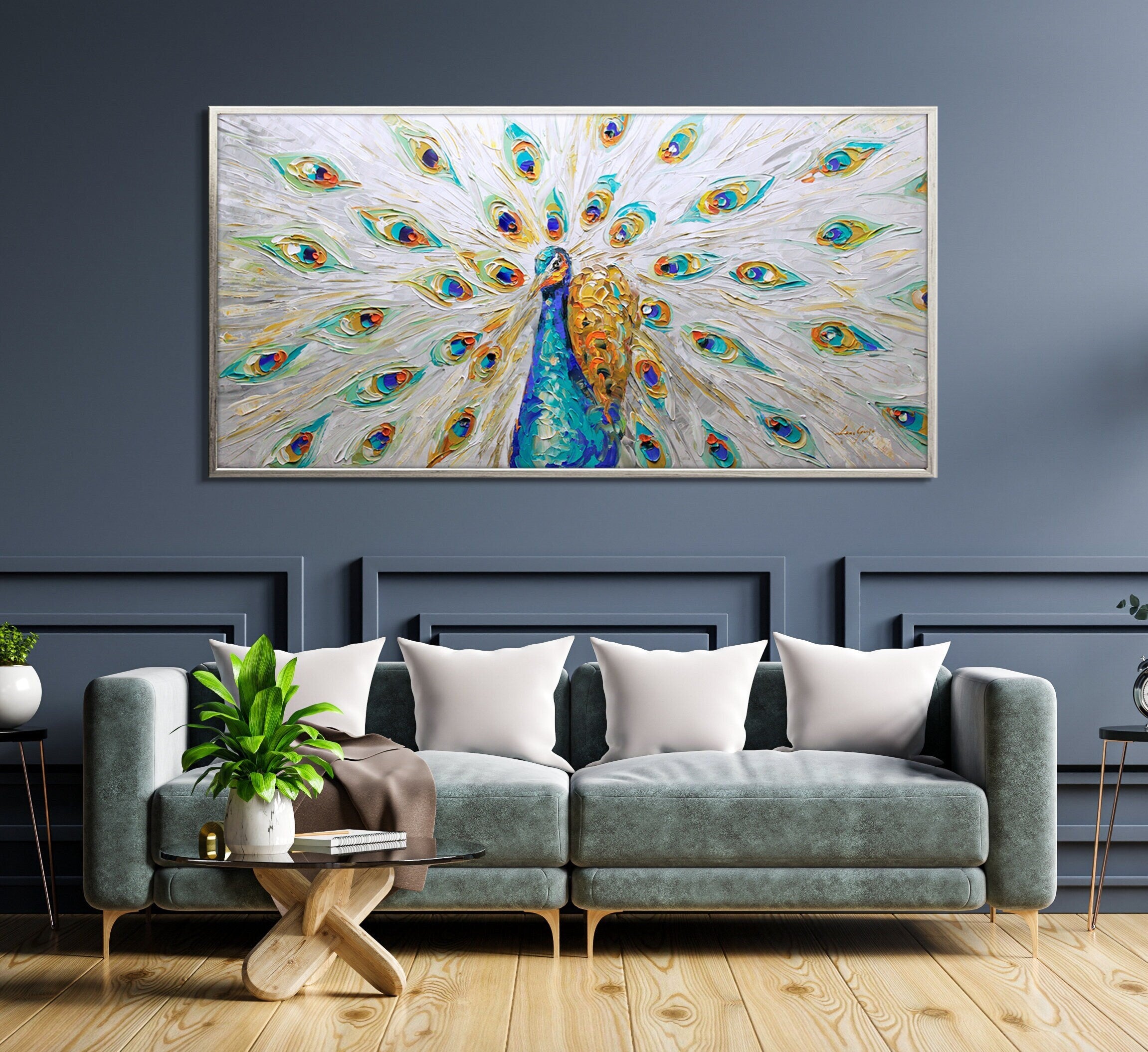 Peacock Painting Blue Teal Gold White Colors Thick Impasto Paint – Lana ...